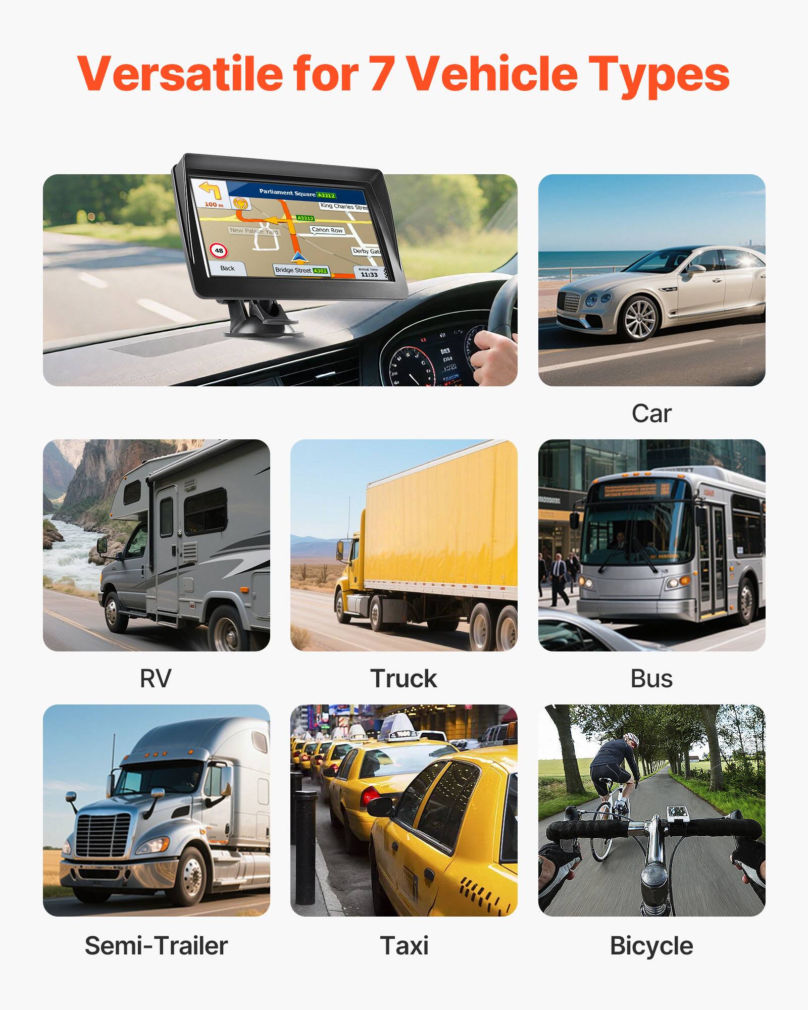 Versatile for 7 Vehicle Types: Car, RV, Truck, Bus, Semi-Trailer, Taxi, Bicycle.