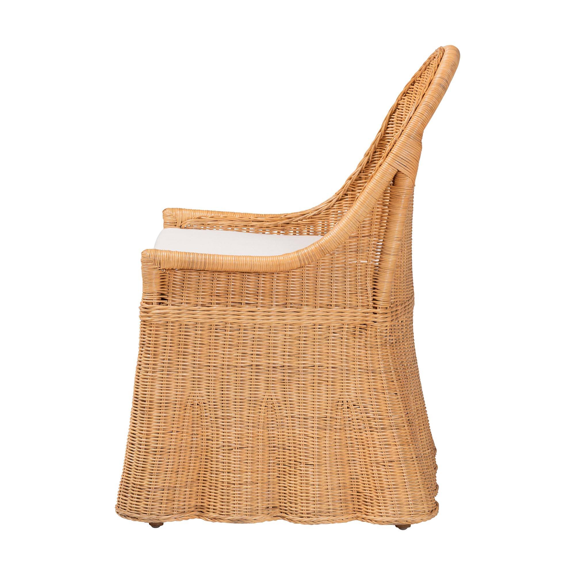 Left. bali & pari - Maya Natural Rattan Accent Chair - Hand Woven Wicker Dining Chair with Scalloped Skirt and Cushion - Light Honey.