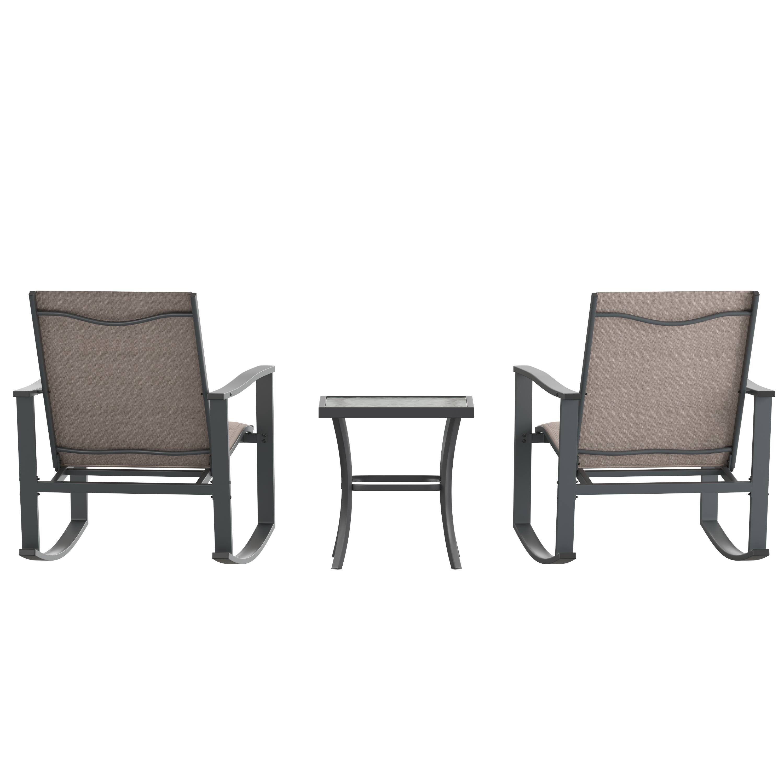 Alt View 8. Emma + Oliver - Braelin 3 Piece Outdoor Rocking Chair Patio Set with Flex Comfort Material and Metal Framed Glass Top Table - Brown.