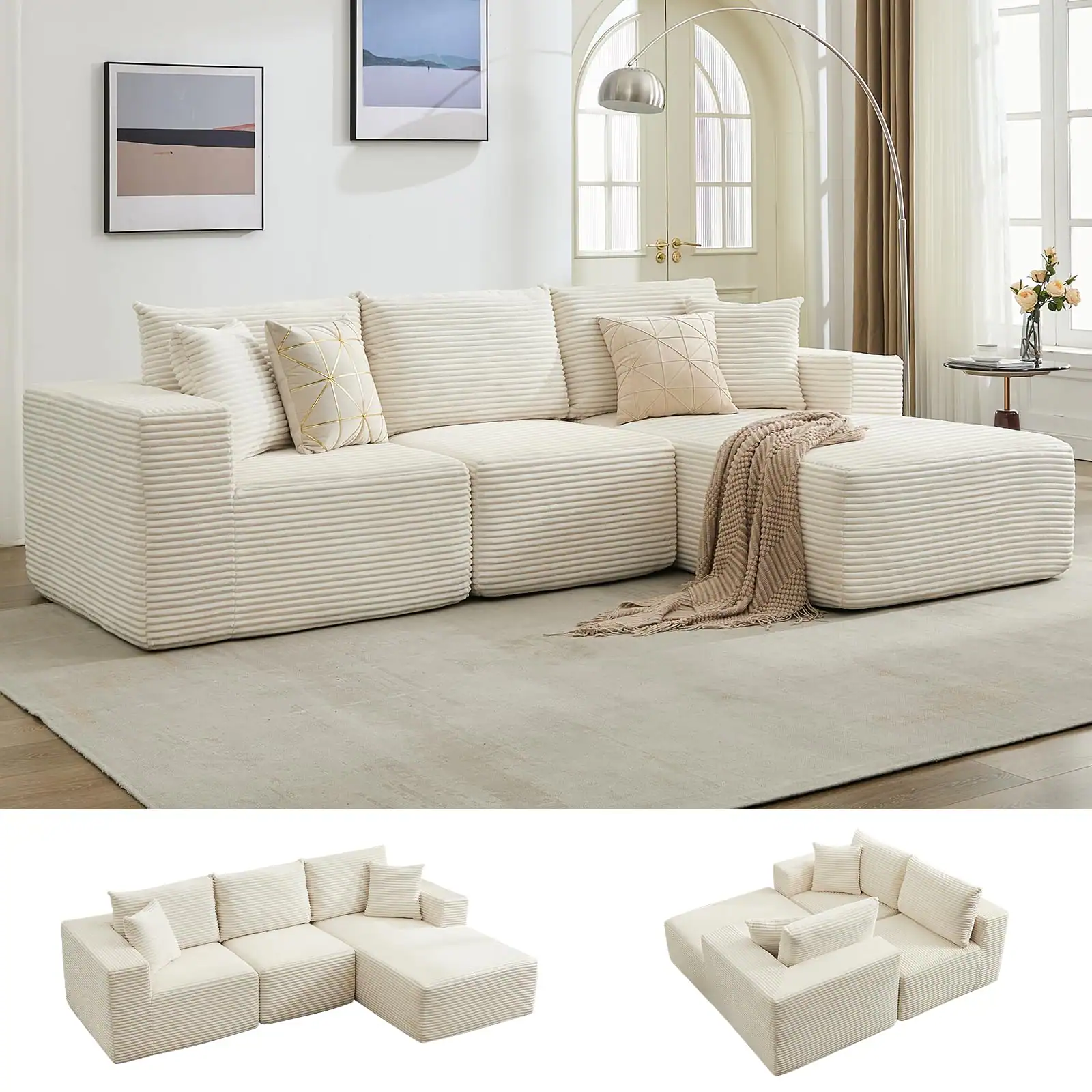 Front. Jojoka - 108" Modular L-Shaped Cloud Couch, Reversible Chaise Sectional Sofa with Deep Seats & Corduroy Upholstery - Beige.
