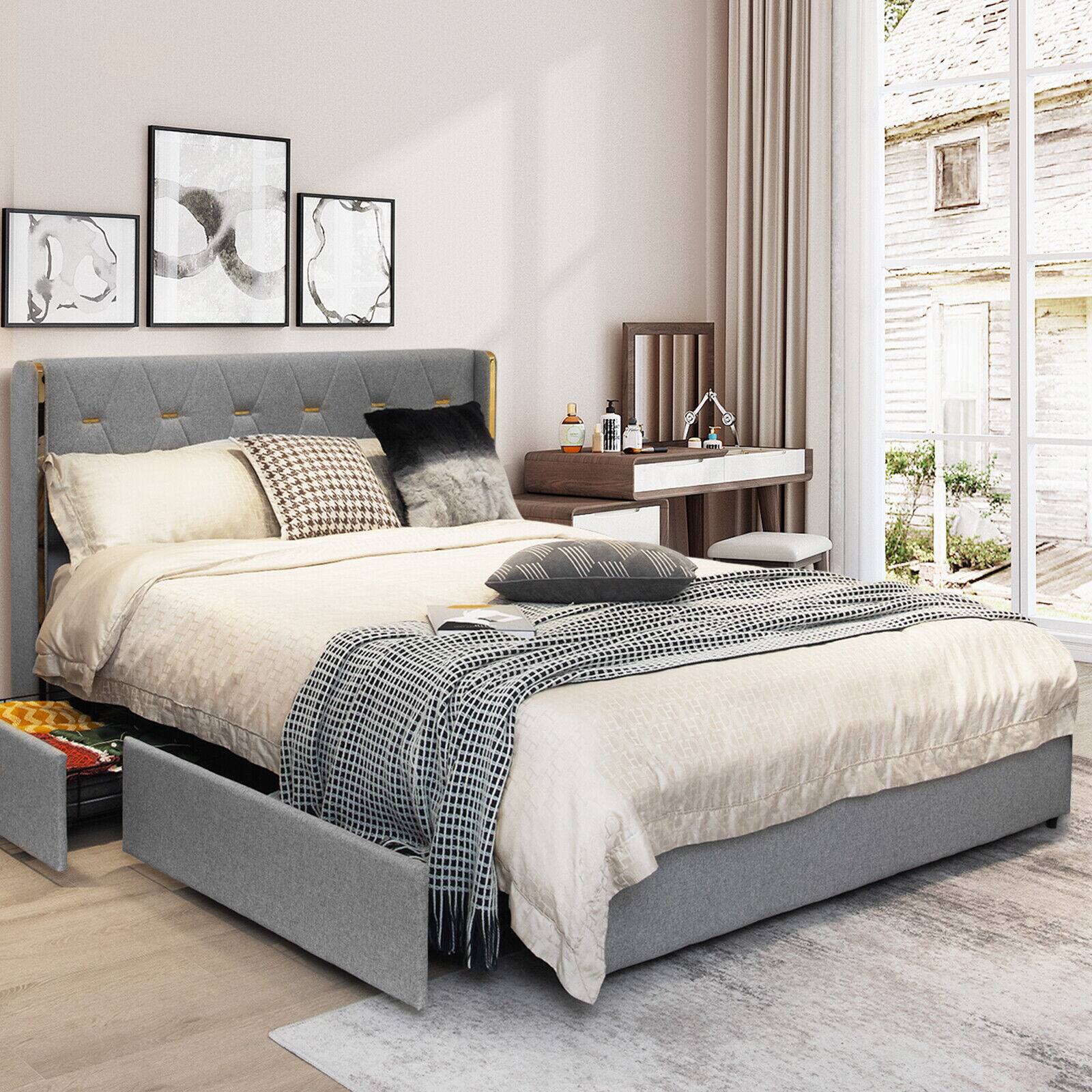 Alt View 6. Ecooso - Full Size Bed Frame with 4 Storage Drawers - Silver.