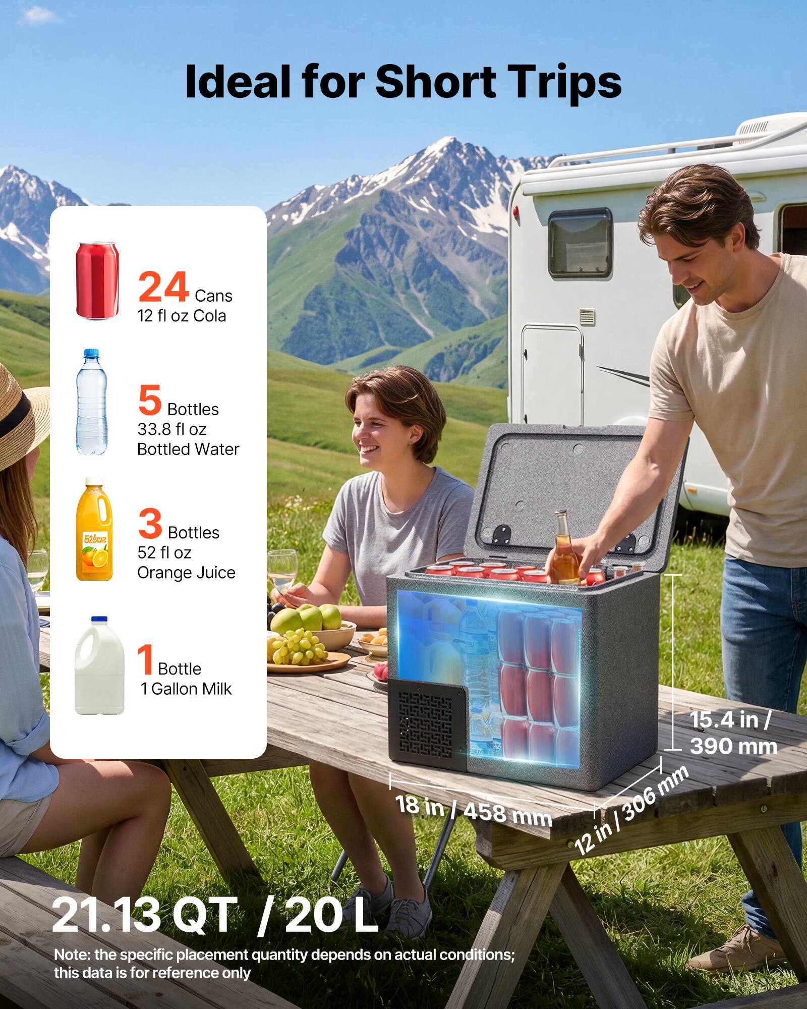 Ideal for Short Trips

24 Cans 12 fl oz Cola  
5 Bottles 33.8 fl oz Bottled Water  
3 Bottles 52 fl oz Orange Juice  
1 Bottle 1 Gallon Milk  

15.4 in / 390 mm  
18 in / 458 mm  
12 in / 306 mm  

21.13 QT / 20 L  

Note: the specific placement quantity depends on actual conditions; this data is for reference only