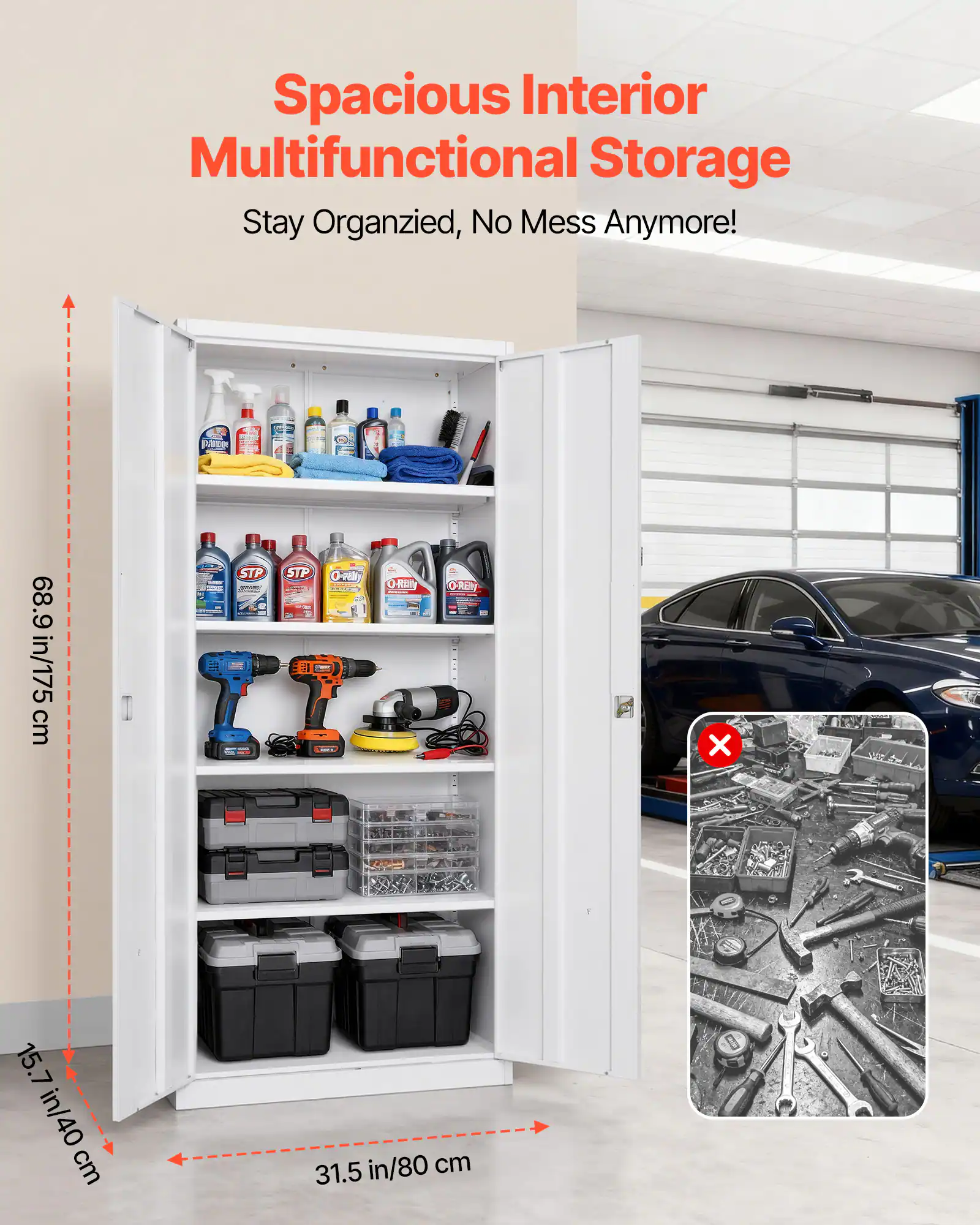 Spacious Interior Multifunctional Storage  
Stay Organized, No Mess Anymore!  

- Height: 68.9 in / 175 cm  
- Width: 31.5 in / 80 cm  
- Depth: 15.7 in / 40 cm