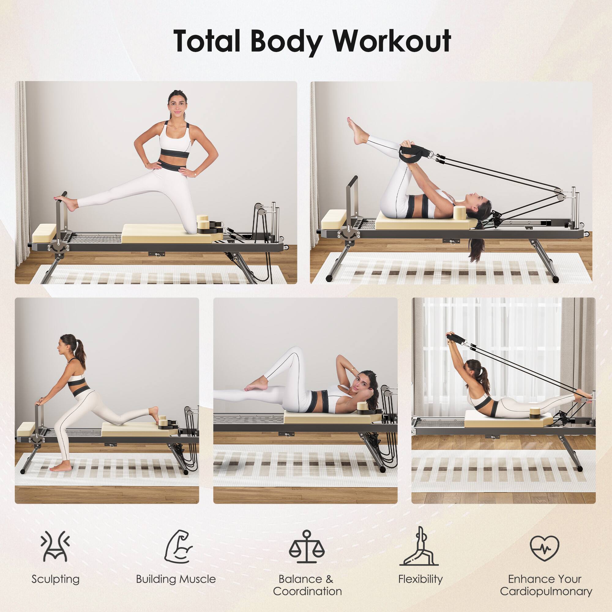 Total Body Workout

- Sculpting
- Building Muscle
- Balance & Coordination
- Flexibility
- Enhance Your Cardiopulmonary