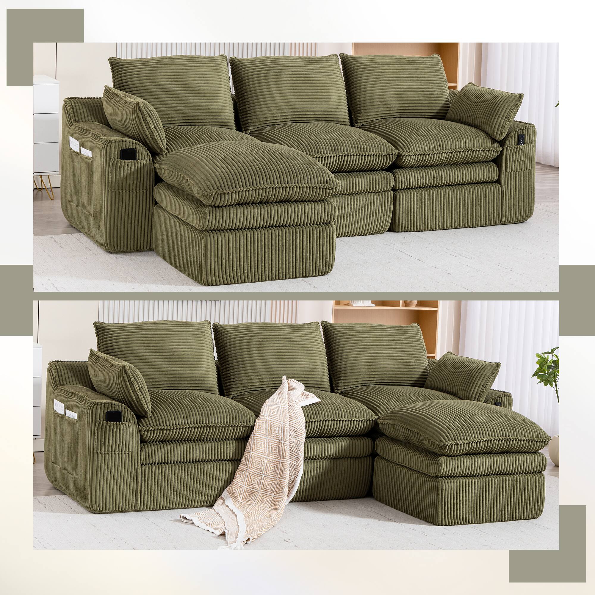 Alt View 5. Meqiodas - L Shaped Modular Sectional Sofa Modern Corduroy Boneless Couches with Movable Footstool, With Three Pillows - Emerald.