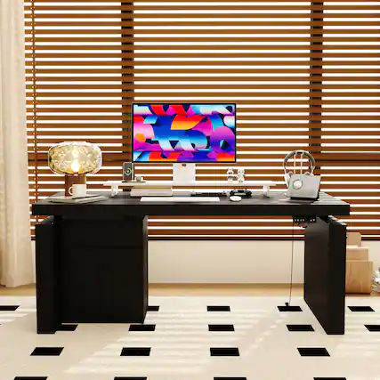 Front. Famapy - Electric Standing Desk with Storage, 70.9" Adjustable Height Sit-Stand Desk 4-Memory Controller Built-in Cabinet - Black.