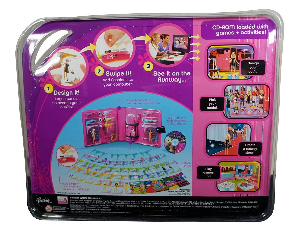 CD-ROM loaded with games + activities!

1. Design it!  
   Layer cards to create your outfit!

2. Swipe it!  
   Add fashions to your computer.

3. See it on the Runway...

- Case holds cards, swiper, frame + CD-ROM

- Style Swiper™ card scanner connects to USB port

- 60 Fashion Cards

- Play games too!

- Create a runway show!

- Pick your model.

- Design your outfit.

- CD-ROM with fashion games and activities!

- CD-ROM loaded with games + activities!

- 128 MB RAM (128 MB recommended)

- 800 MB Free Space

- 24x00 color (800x600) video mode

- CD-ROM drive

- 24x00 color (800x600) video mode

- 128 MB RAM (128 MB recommended)

- 800 MB Free Space

- 24x00 color (800x600) video mode

- CD-ROM drive

- 24x00 color (800x600) video mode

- 12