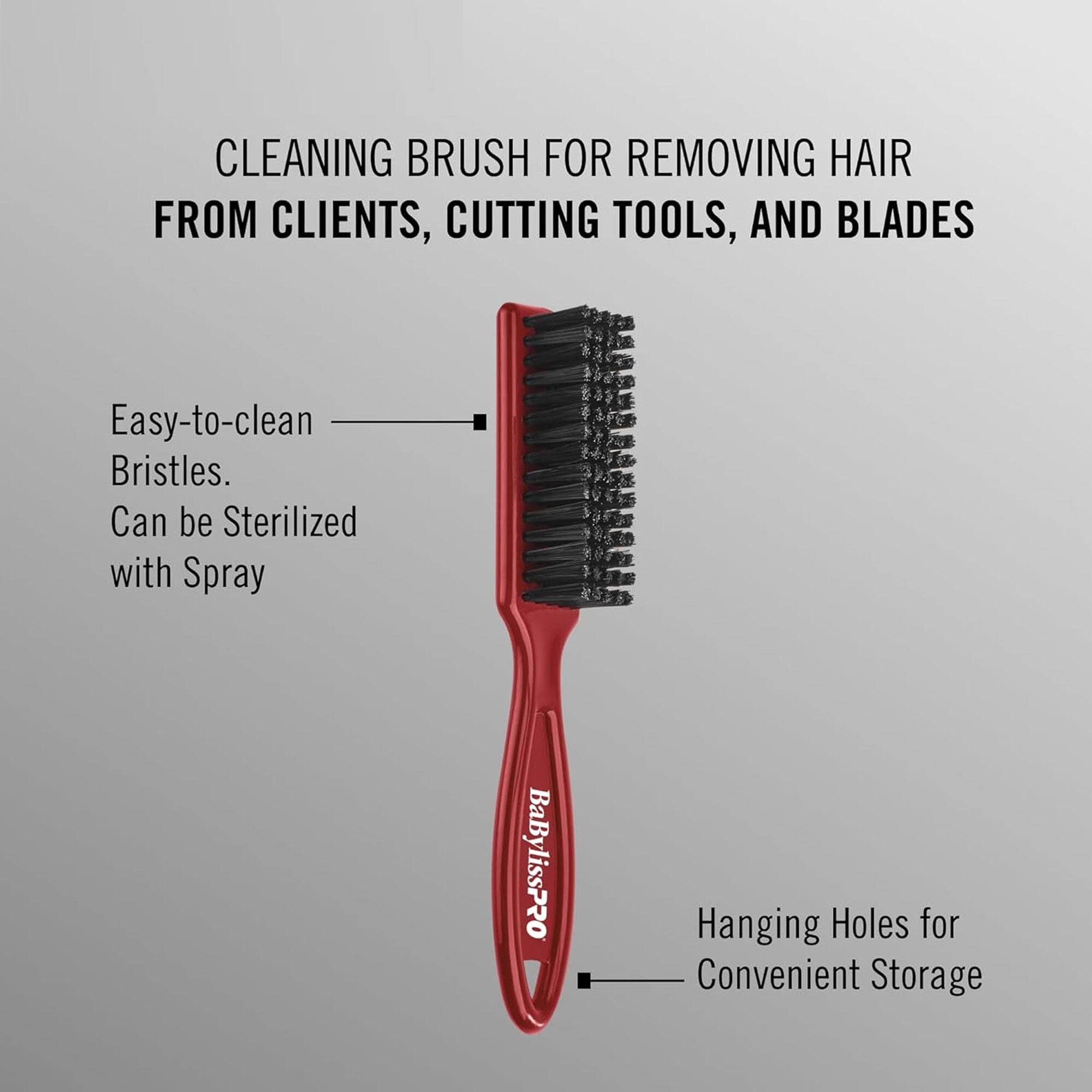 CLEANING BRUSH FOR REMOVING HAIR FROM CLIENTS, CUTTING TOOLS, AND BLADES

- Easy-to-clean Bristles.
- Can be Sterilized with Spray
- Hanging Holes for Convenient Storage