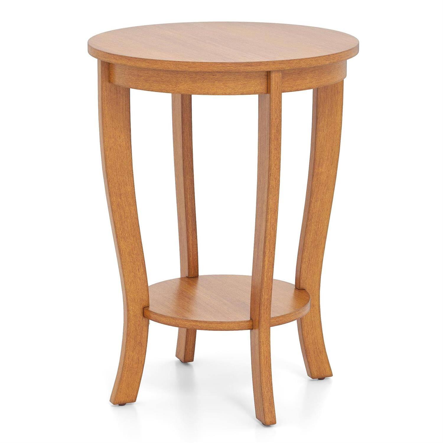 Pefilos- 2-Tier Round End Table, Solid Wood Support Legs, Non-Slip Stabilizing Foot Pads, Natural- Brown