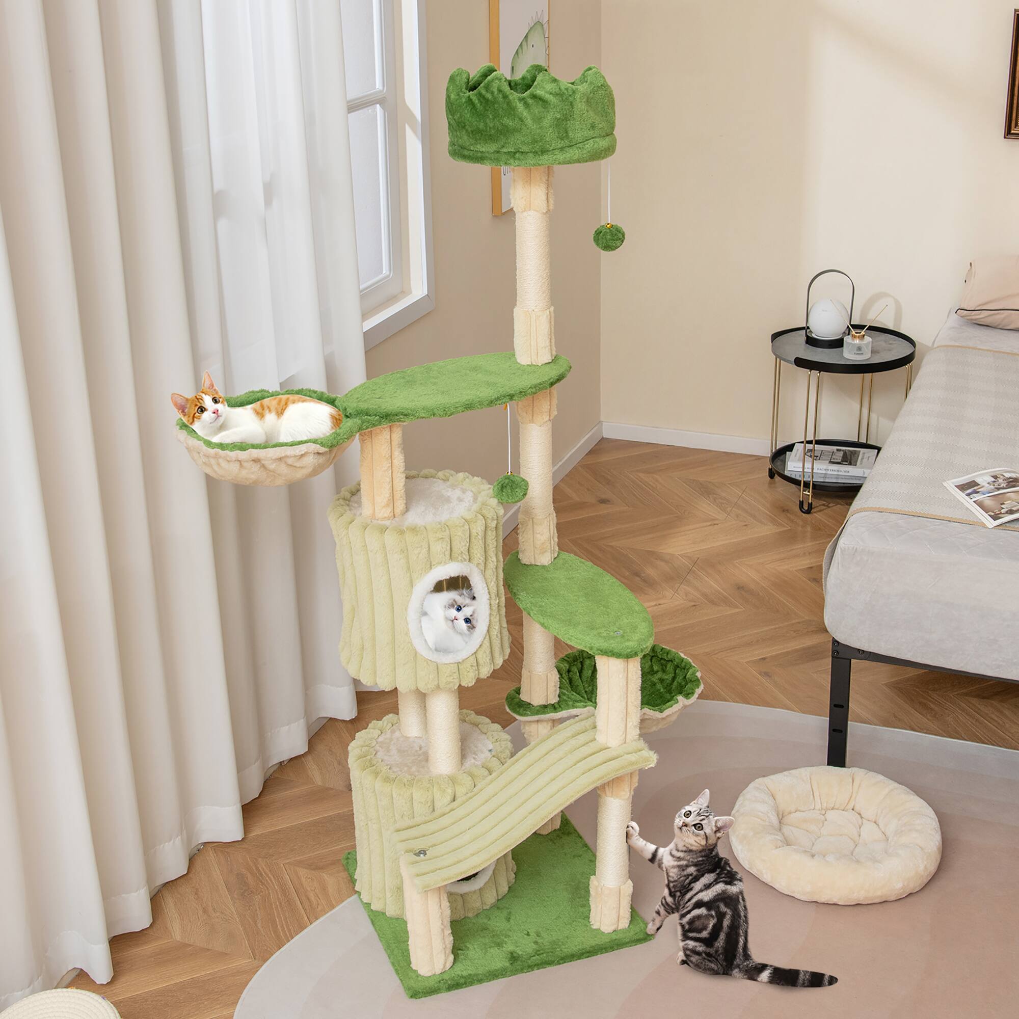 Alt View 3. Gymax - Gymax 63'' Tall Cat Tree w/ 2 Condos Plush Padded Top Perch 2 Hammocks 2 Dangling Balls Green.