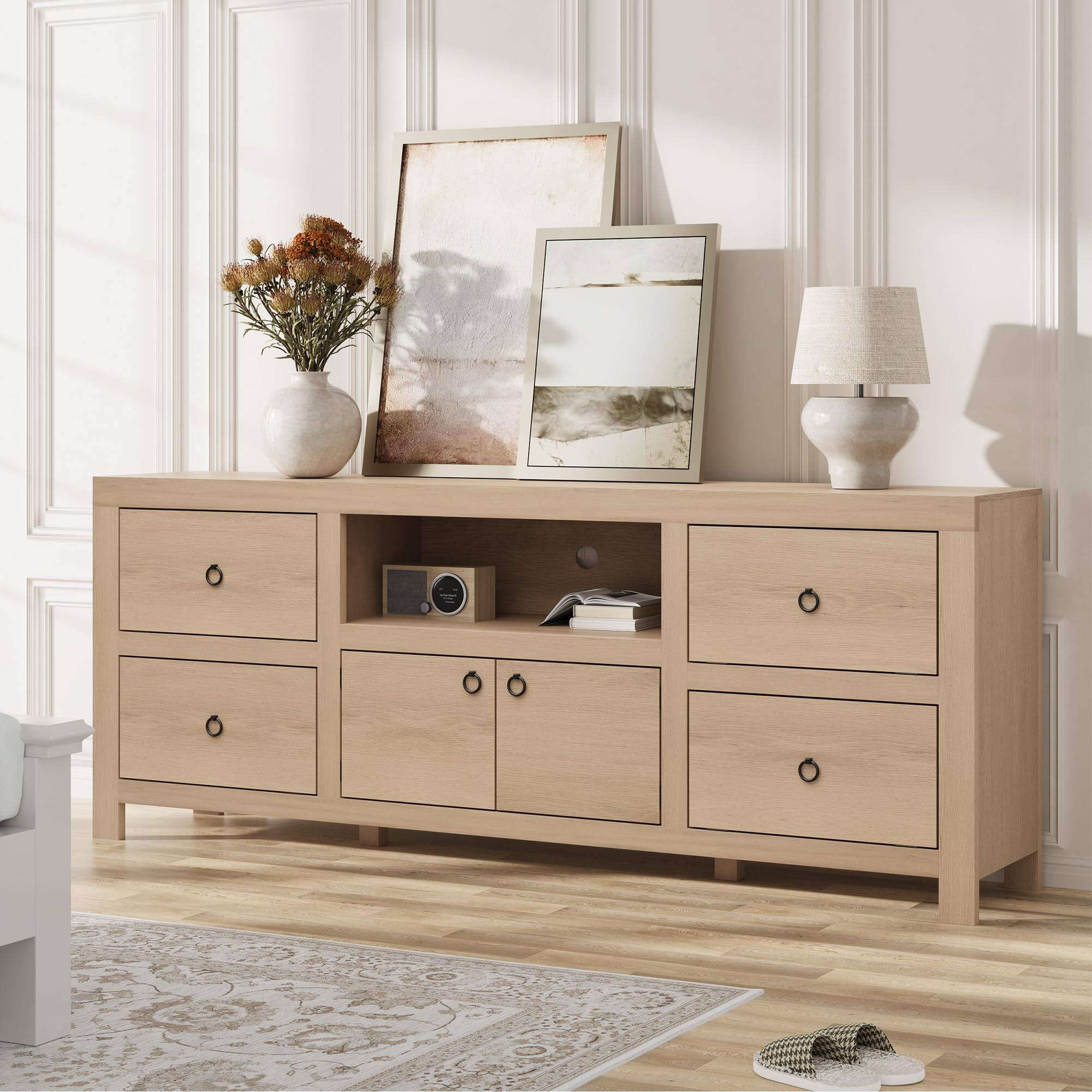 Alt View 2. Qeetex - 70 Inch Farmhouse TV Stand for 75/80 Inch TVs, Entertainment Center with 6 Drawers & Soundbar Shelf - Natural.