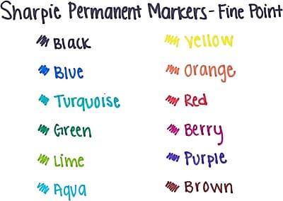 Sharpie Permanent Markers - Fine Point

- Black
- Blue
- Turquoise
- Green
- Lime
- Aqua
- Yellow
- Orange
- Red
- Berry
- Purple
- Brown