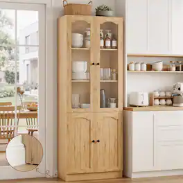 Aheaplus - 80'' Tall Pantry Cabinet with 4 Doors and Adjustable Shelves - Nature Oak