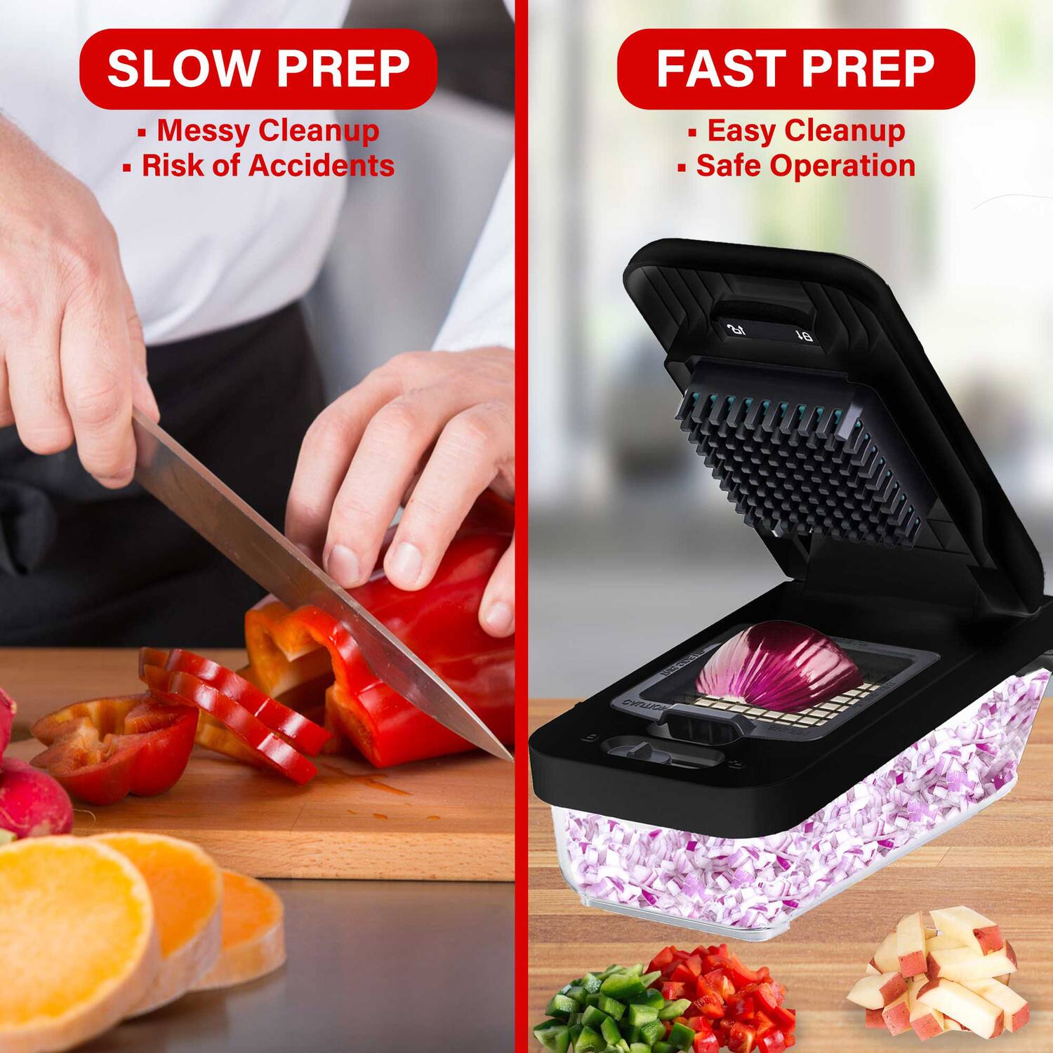 SLOW PREP  
- Messy Cleanup  
- Risk of Accidents  

FAST PREP  
- Easy Cleanup  
- Safe Operation