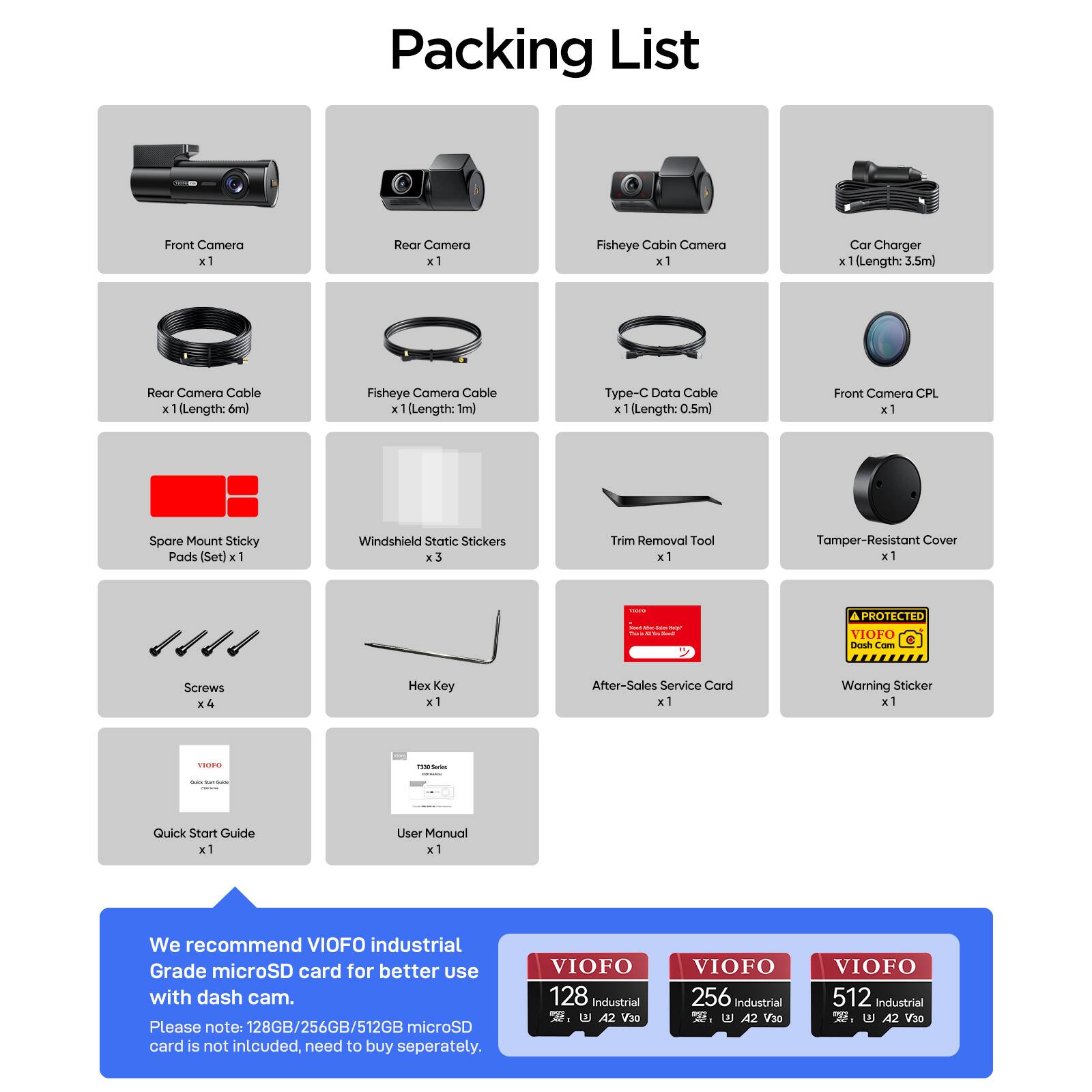 Packing List

- Front Camera x1
- Rear Camera x1
- Fisheye Cabin Camera x1
- Car Charger x1 (Length: 3.5m)
- Rear Camera Cable x1 (Length: 6m)
- Fisheye Camera Cable x1 (Length: 1m)
- Type-C Data Cable x1 (Length: 0.5m)
- Front Camera CPL x1
- Spare Mount Sticky Pads (Set) x1
- Windshield Static Stickers x3
- Trim Removal Tool x1
- Tamper-Resistant Cover x1
- Screws x4
- Hex Key x1
- After-Sales Service Card x1
- Warning Sticker x1
- Quick Start Guide x1
- User Manual x1

We recommend VIOFO industrial Grade microSD card for better use with dash cam. Please note: 128GB/256GB/512GB microSD card is not included, need to buy separately.

- VIOFO 128 Industrial U A2 V30
- VIOFO 256 Industrial U 42 V30
- VIOFO 