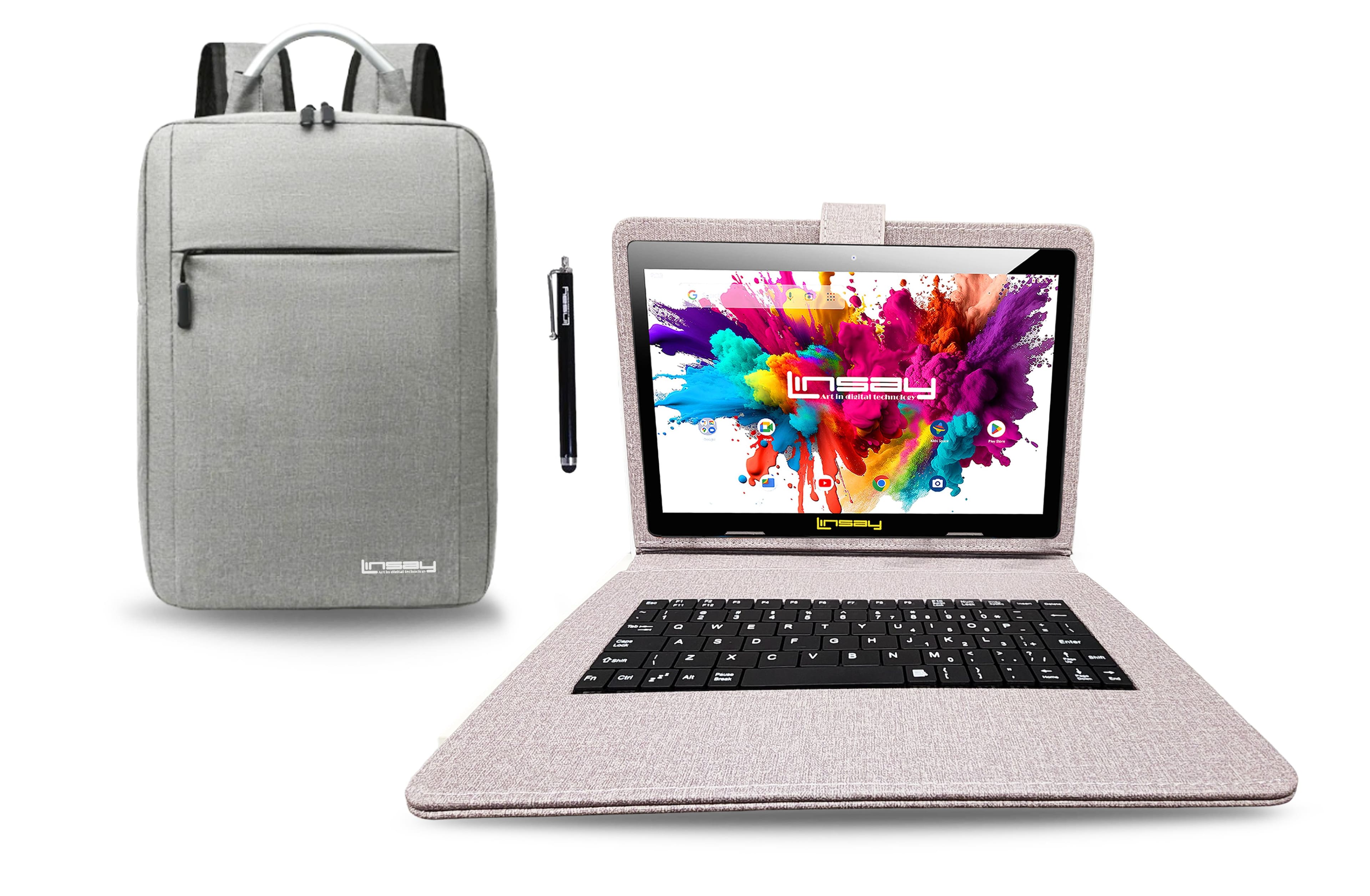 LINSAY - 10.1" Octa Core 128GB Storage Android 15 with Designer Cloth Keyboard Case and Stylish Backpack and Pen Stylus - Purple