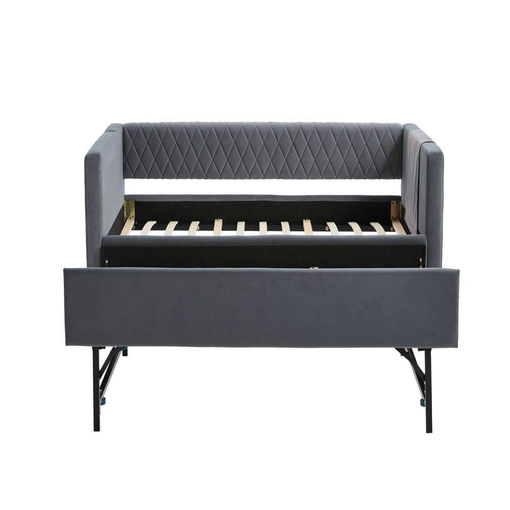 Alt View 9. Kadyn - Velvet Daybed with Sturdy Wood Frame, Modern Diamond Grid Pull-Out Design for Bedroom Living Room - Gray.