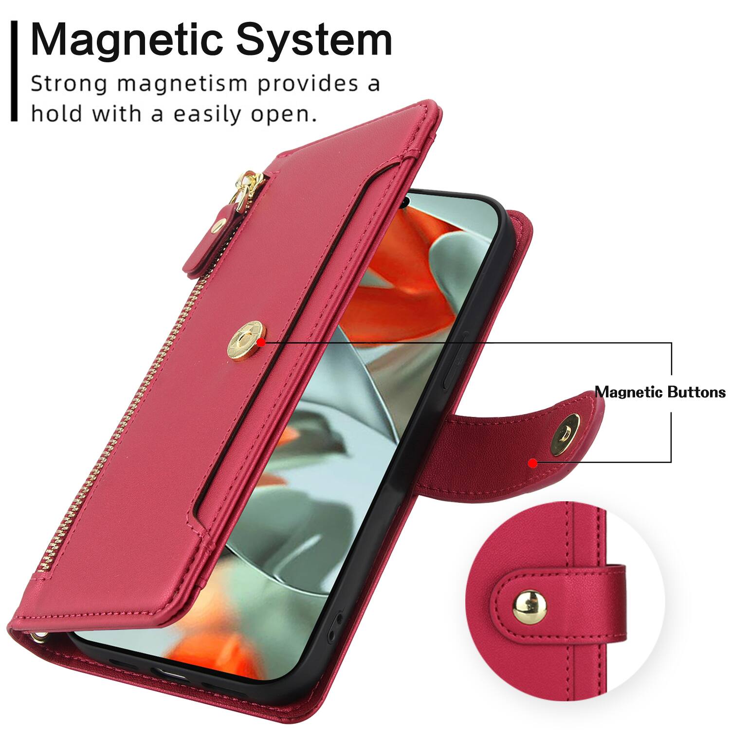 Magnetic System  
Strong magnetism provides a hold with an easily open.  
Magnetic Buttons