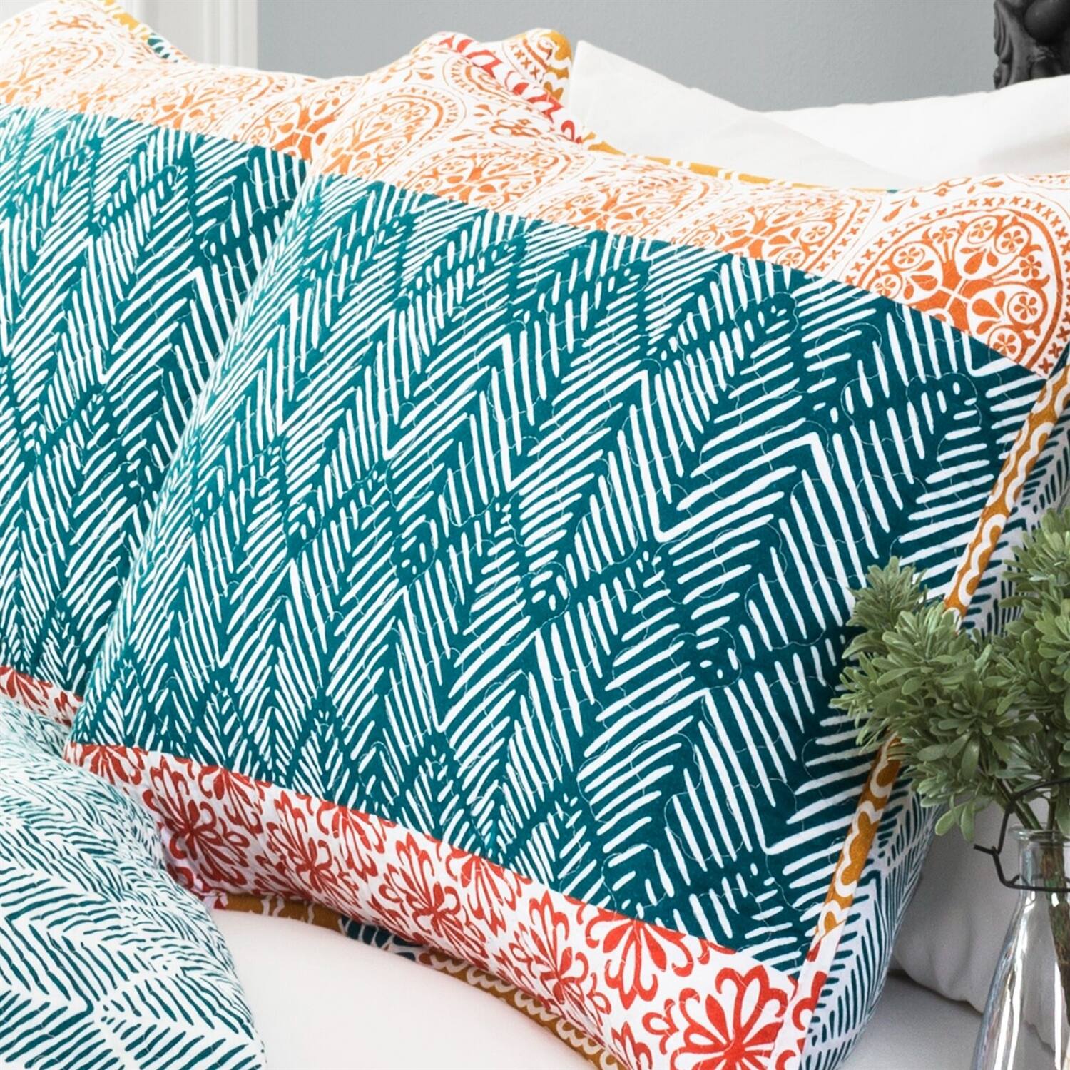 Left. Hivvago - King size Cotton 3 Piece Reversible Teal Orange Bohemian Stripe Quilt Set - Teal, Orange.