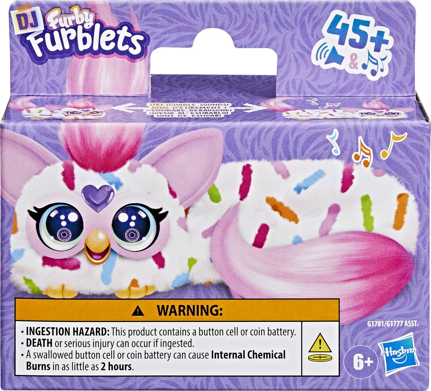 DJ Furblets 45+ & SIKE TOHABLE OUNBNI SONS C.. LIREMENI . PEHND ARE UERAUSUHE ISUENA L ESTRARLU SOUIS DE EATCnKt ! WARNING: INGESTION HAZARD: This product contains a button cell or coin battery. DEATH or serious injury can occur if ingested. A swallowed button cell or coin battery can cause Internal Chemical Burns in as little as 2 hours. ! G1781/G1777ASST. ASST. Hasbro 6+