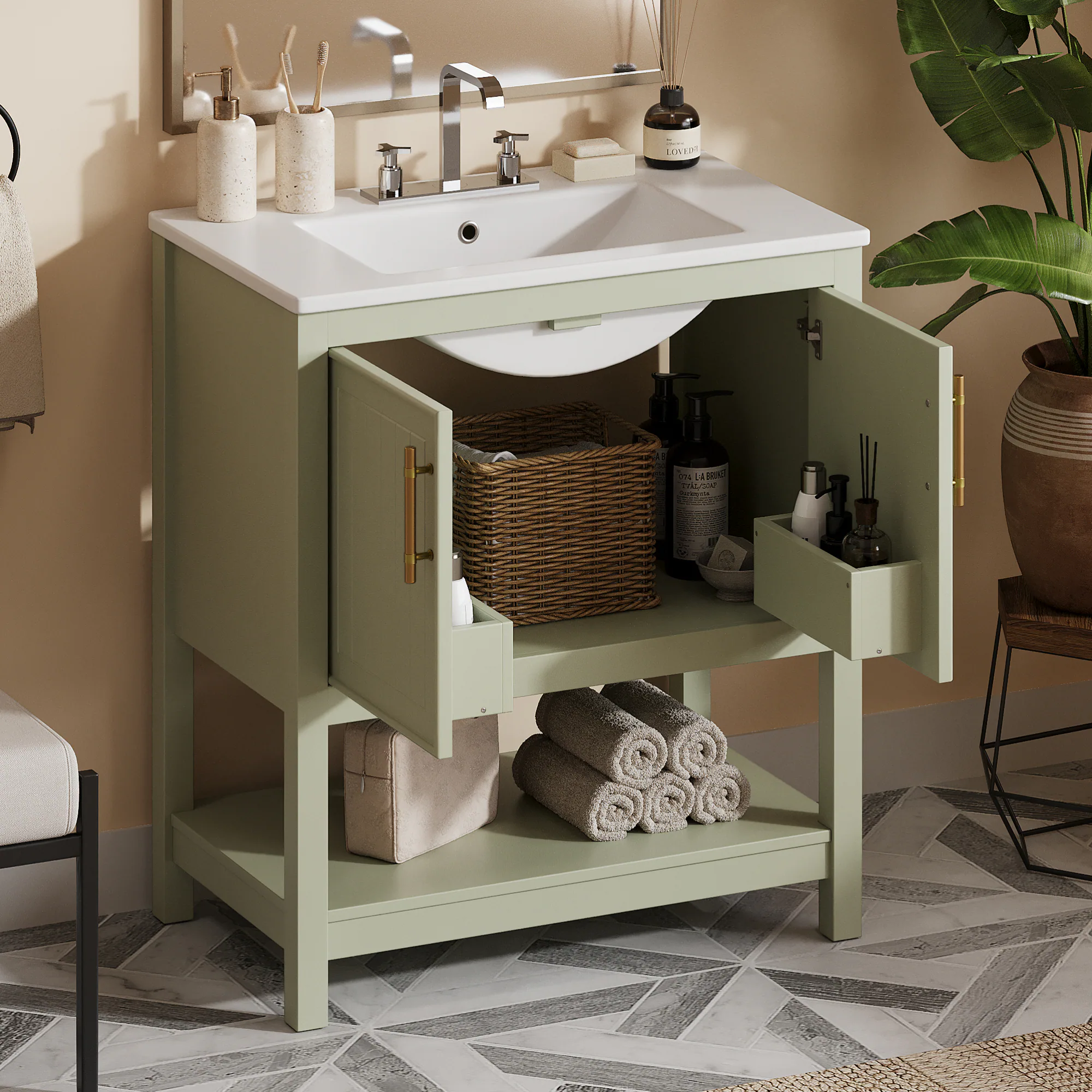 Compact White Bathroom Vanity with Integrated Ceramic Sink and Spacious Storage Solution