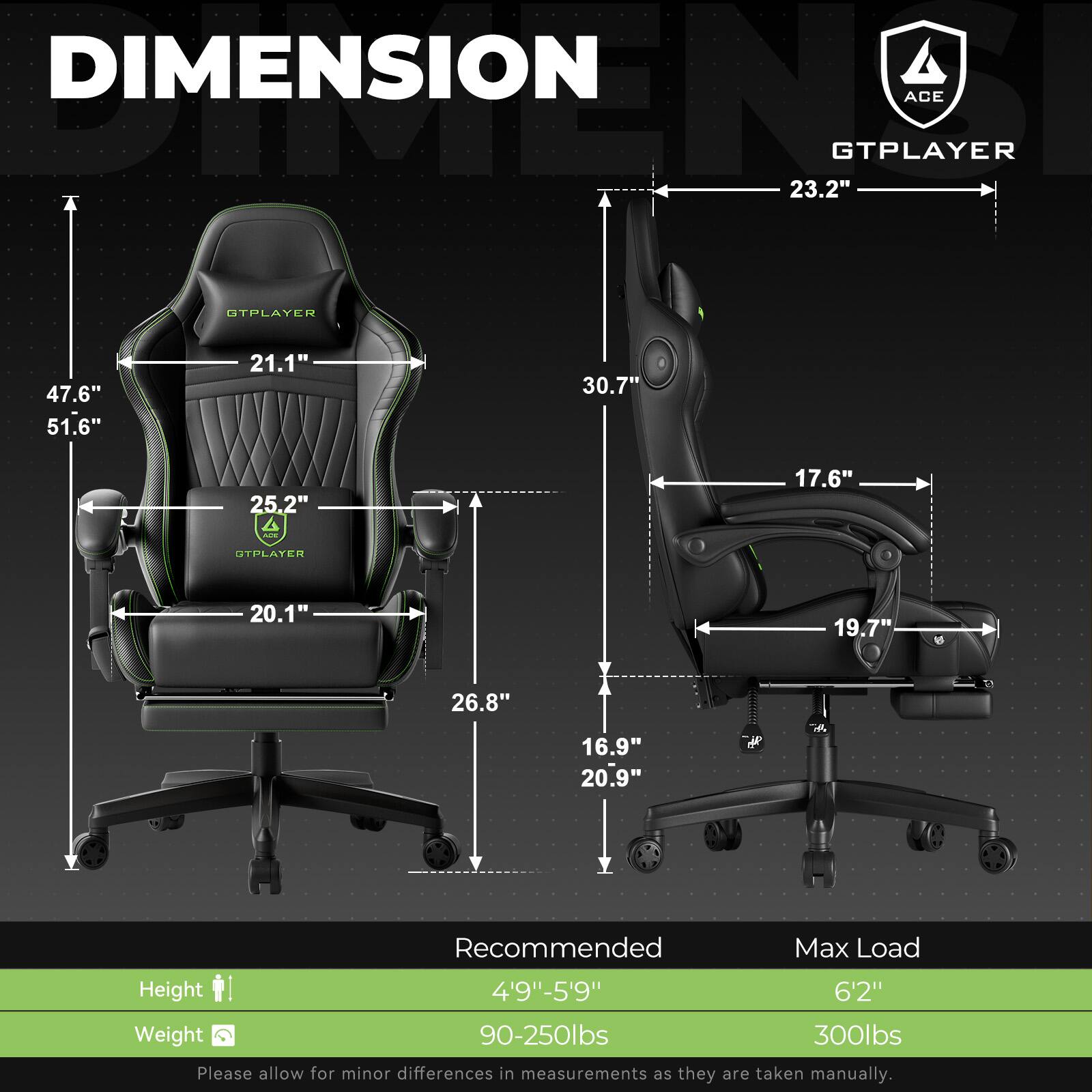 DIMENSIONS ACE GTPLAYER 23.2" 47.6" 51.6" 21.1" 30.7" 25.2" 17.6" - GTPLAYER 20.1" 19.7" 26.8" 16.9" 20.9" Recommended Max Load Height 4'9"-5'9" 6'2" Weight 90-250lbs 300lbs Please allow for minor differences in measurements as they are taken manually.