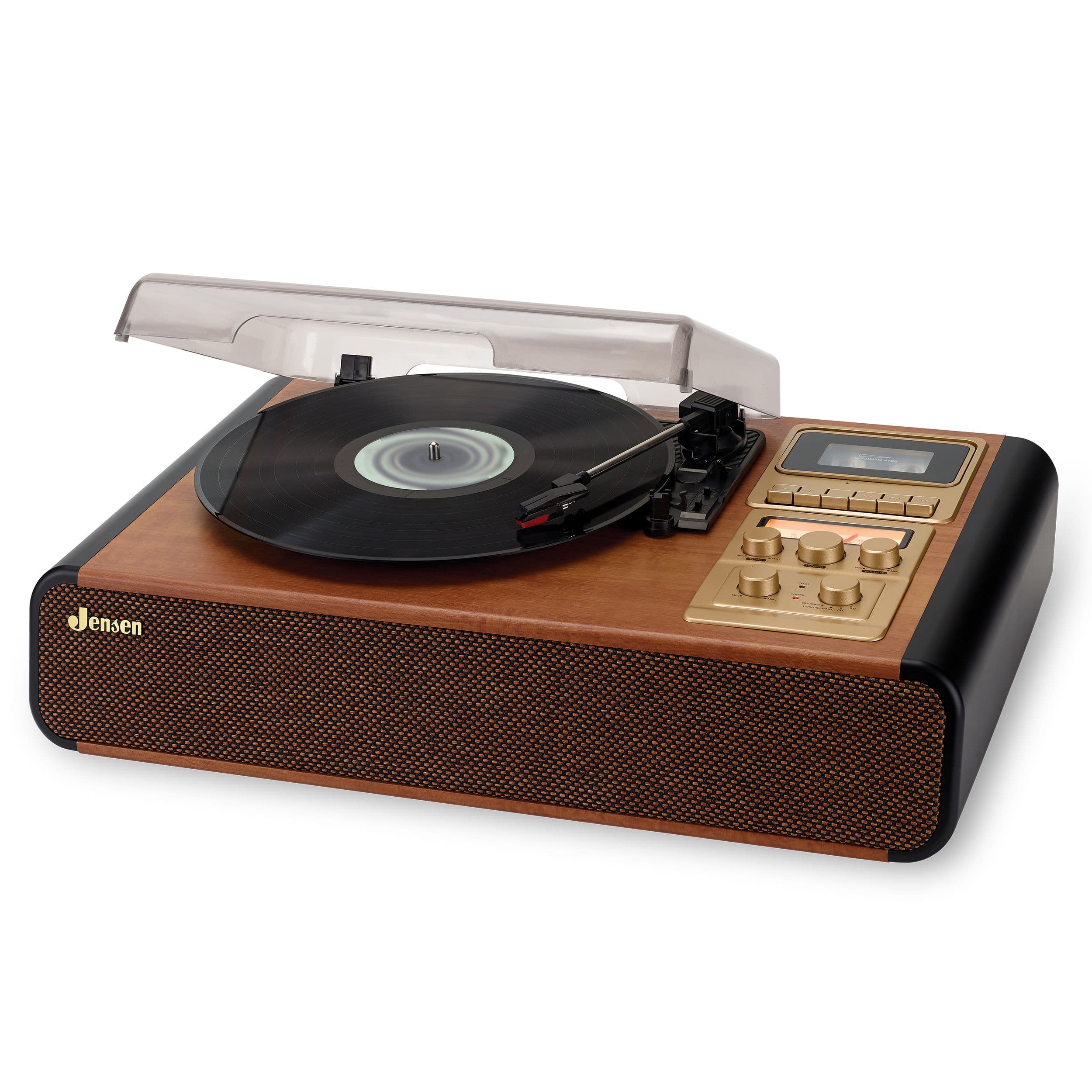 Jensen - JTA-385 3-Speed Stereo Turntable with Cassette Player/Recorder and AM/FM Stereo Radio - Brown