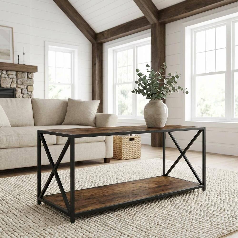 Left. FurniFact - Barnwood Black Coffee Table with Shelf and Particle Board Surface - Barnwood.
