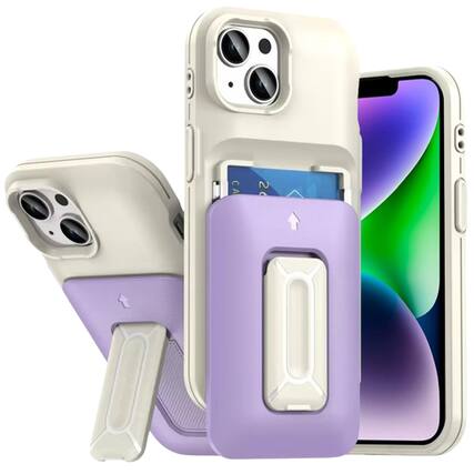 Front. Kitcheniva - Card Holder Kickstand And Strap Phone Case With Tempered Glass For iPhone 13/14 Beige Light Purple - Beige+Light Purple.