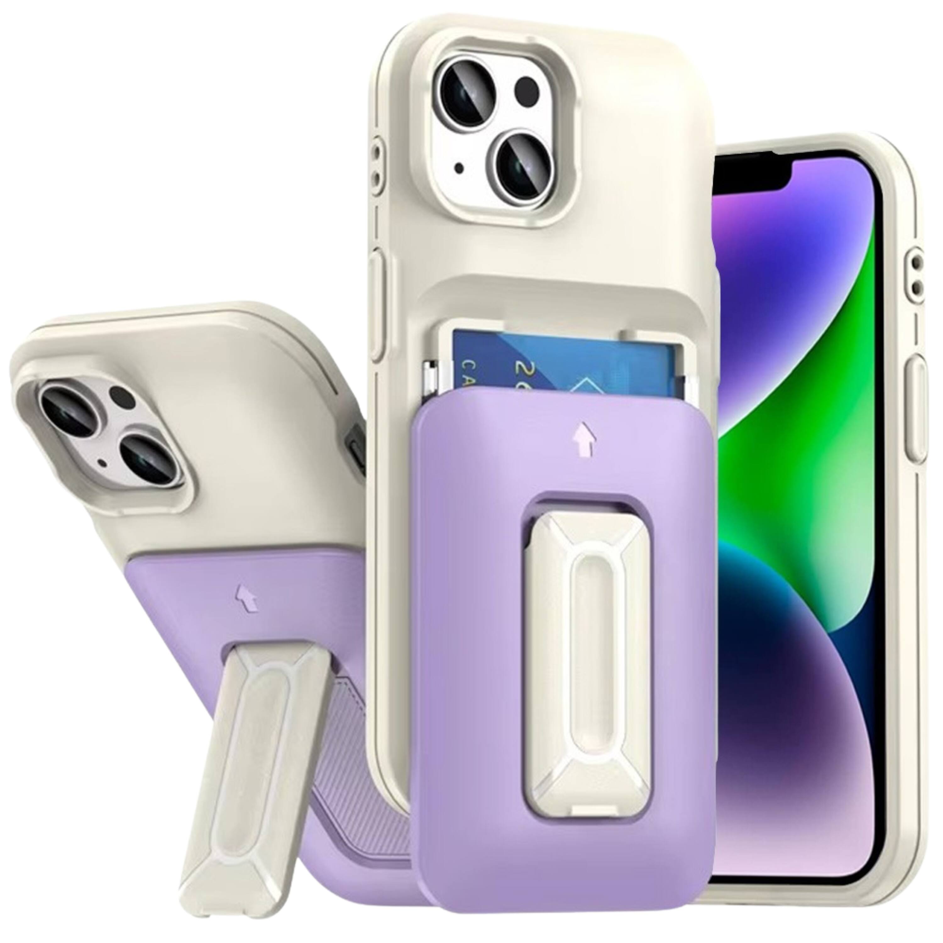 Front. Kitcheniva - Card Holder Kickstand And Strap Phone Case With Tempered Glass For iPhone 13/14 Beige Light Purple - Beige+Light Purple.