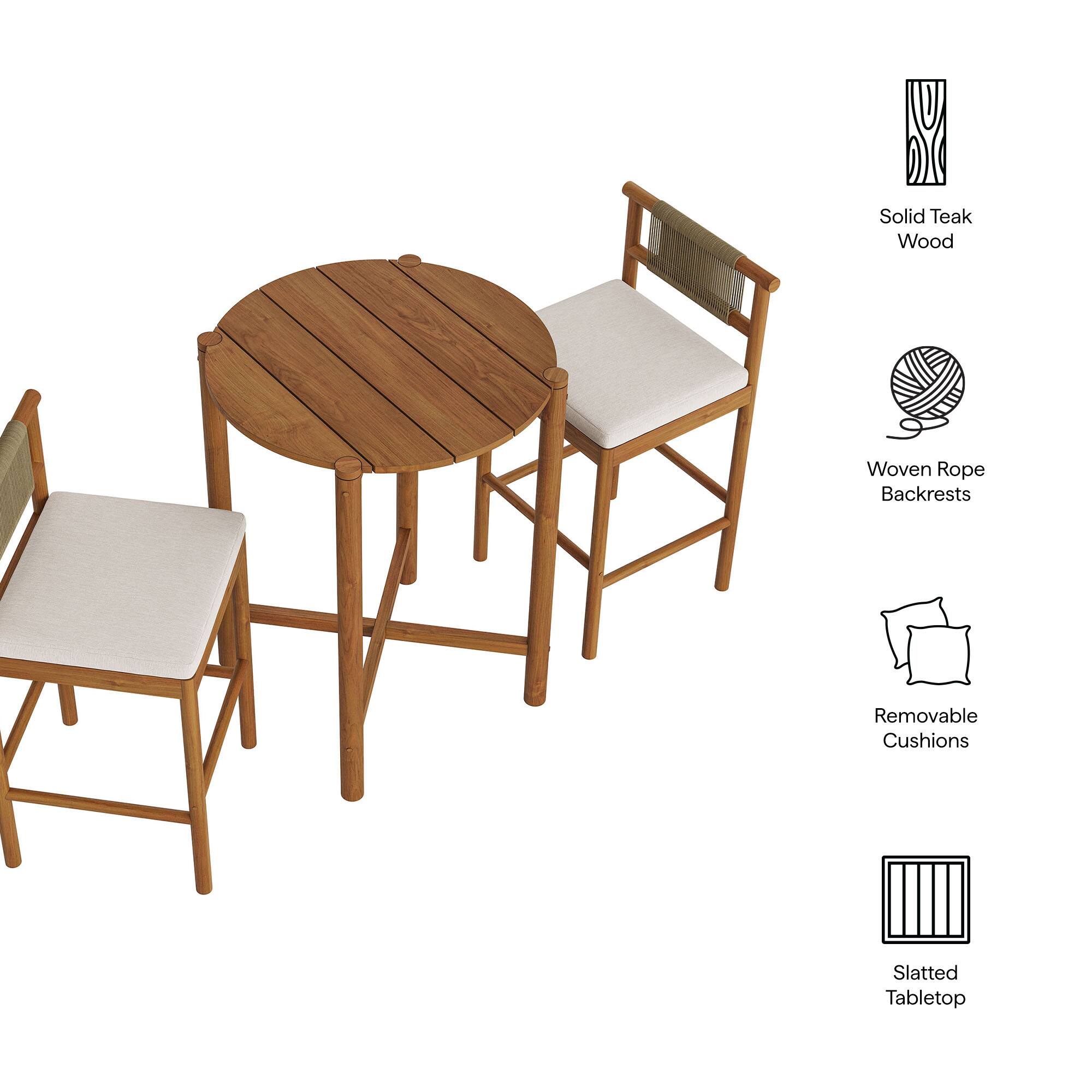 Solid Teak Wood  
Woven Rope Backrests  
Removable Cushions  
Slatted Tabletop