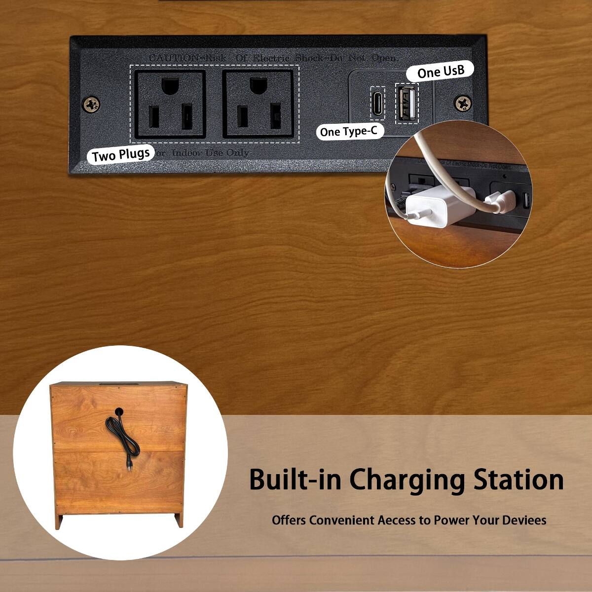 CAUTION: Risk of Electric Shock. Do Not Open.  
Two Plugs or Indoor Use Only  
One USB  
One Type-C  

Built-in Charging Station  
Offers Convenient Access to Power Your Devices