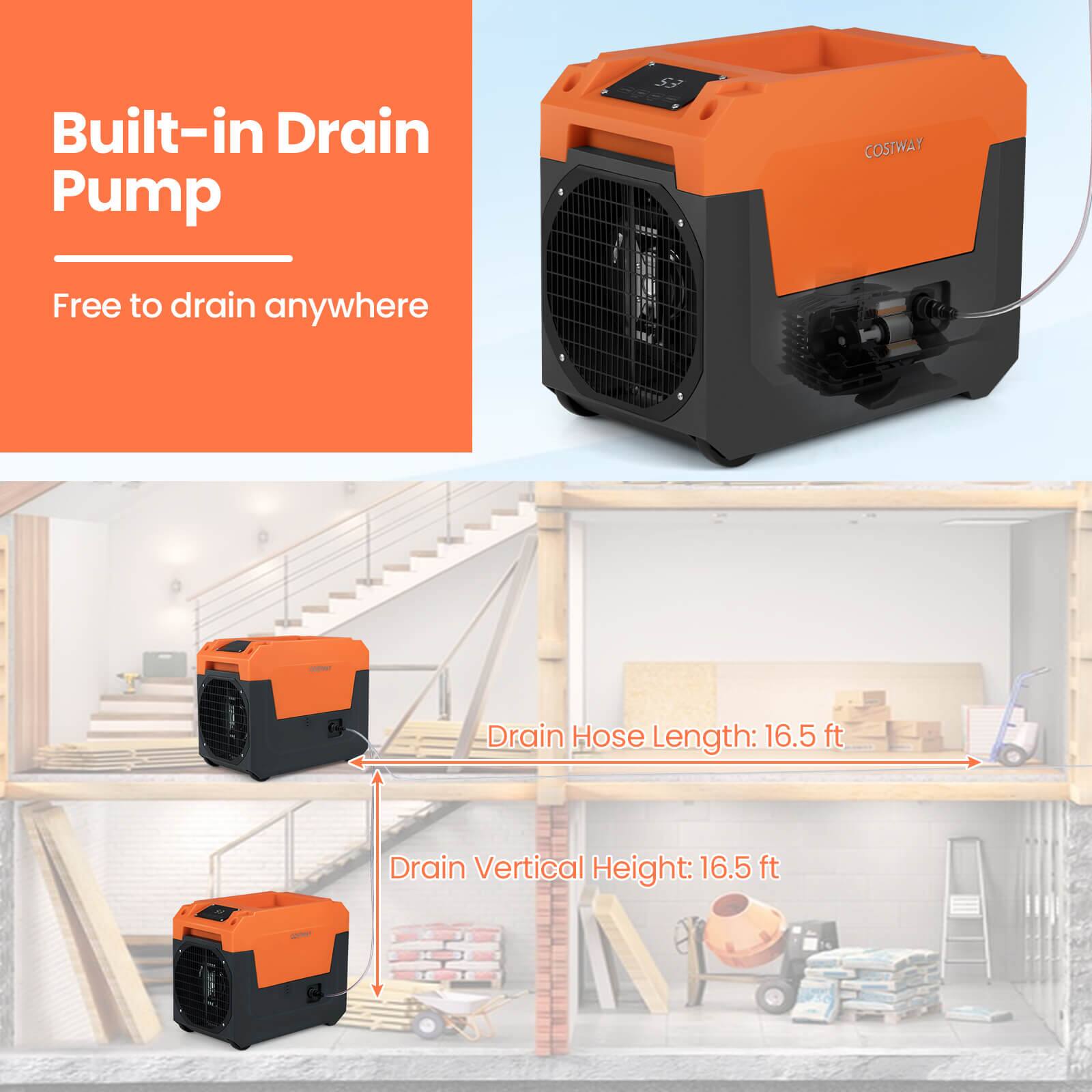 Built-in Drain Pump  
Free to drain anywhere  
Drain Hose Length: 16.5 ft  
Drain Vertical Height: 16.5 ft