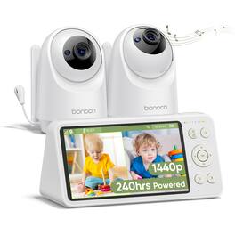 bonoch - 1440p Baby Monitor with 2 Cameras and 5.5'' Split Screen 240h Lasting No WiFi - White