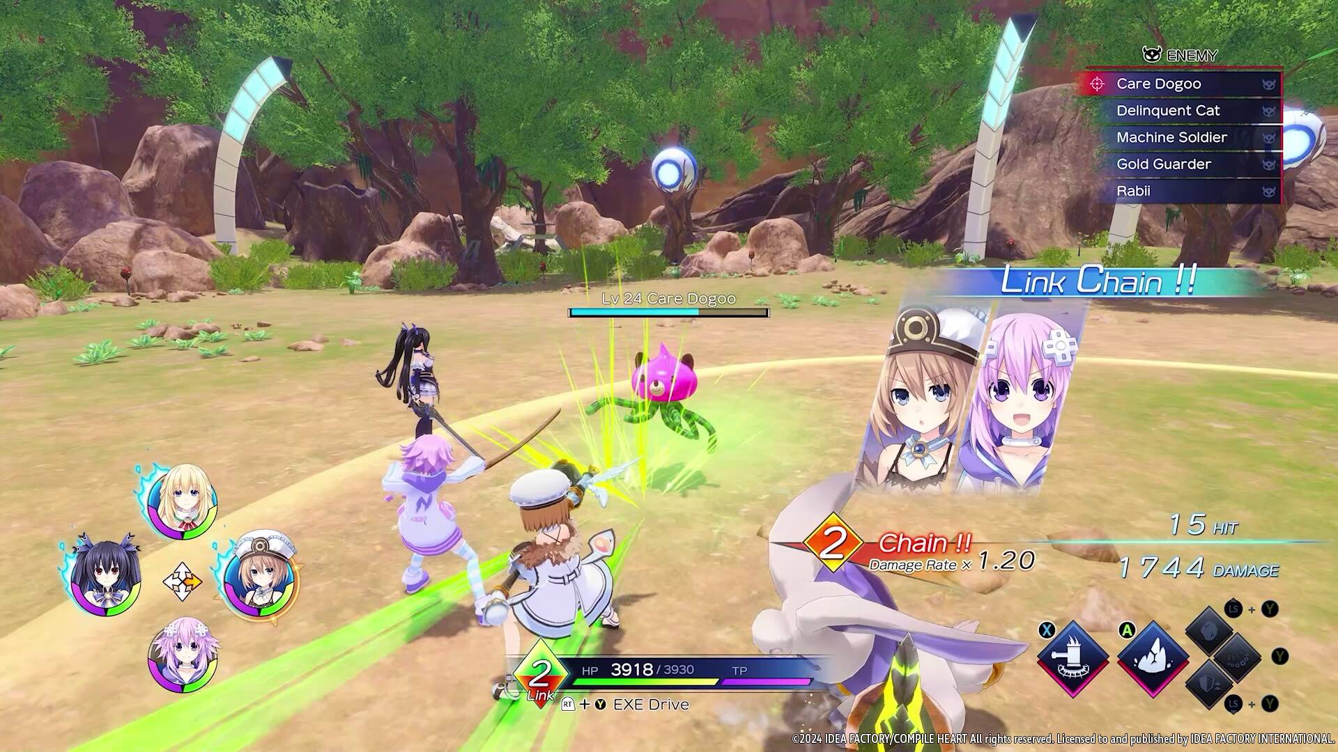 The text on the image is grouped and corrected as follows:

ENFMY Care Dogoo Delinquent Cat Machine Soldier Gold Guarder Rabii Lv 24 Care Dogoo Link Chain !! N 2 Chain !! Damage Rate x 1.20 15 HIT 1744 DAMAGE X A LS Y 2 ink RI HP 3918 3930 + Y EXE Drive TP LS Y 2024 IDEA FACTORY COMP LE HEART All rights reserved. Licensed and published by IDEA FACTORY INTERNATIONAL.