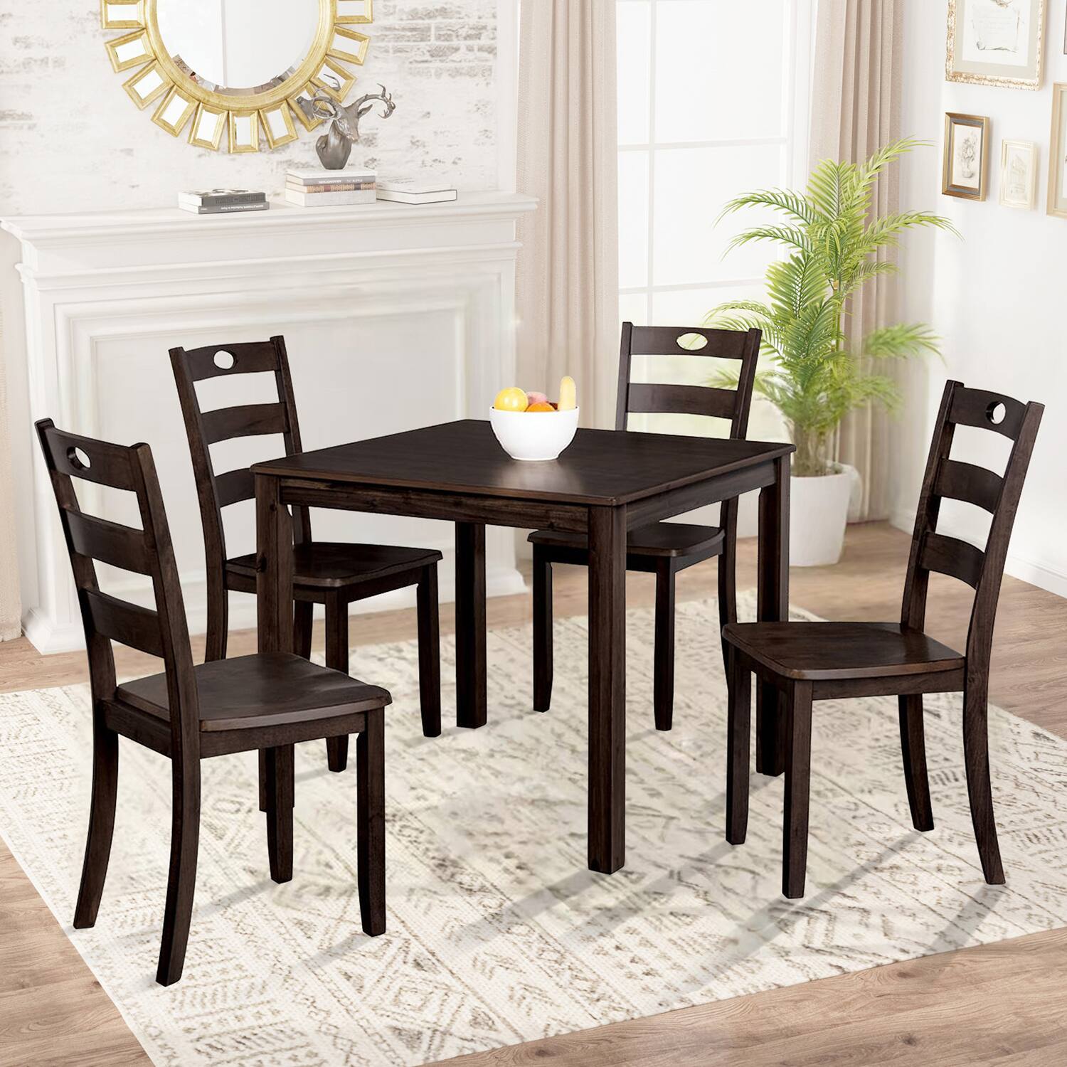 Left. Vaczon - 5Pc Dining Table Set, Solid Rubberwood Dining Table with Slat Back Chairs, Wood Dining Set for Kitchen and Dining Room - Expresso.