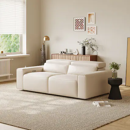 Front. POVISON - 79" Modern Power Reclining Loveseats Sofa with Dual Charging, Deep Modular 90°-145° Recline, Luxury Leather, Black - Beige Sustainable Leather.