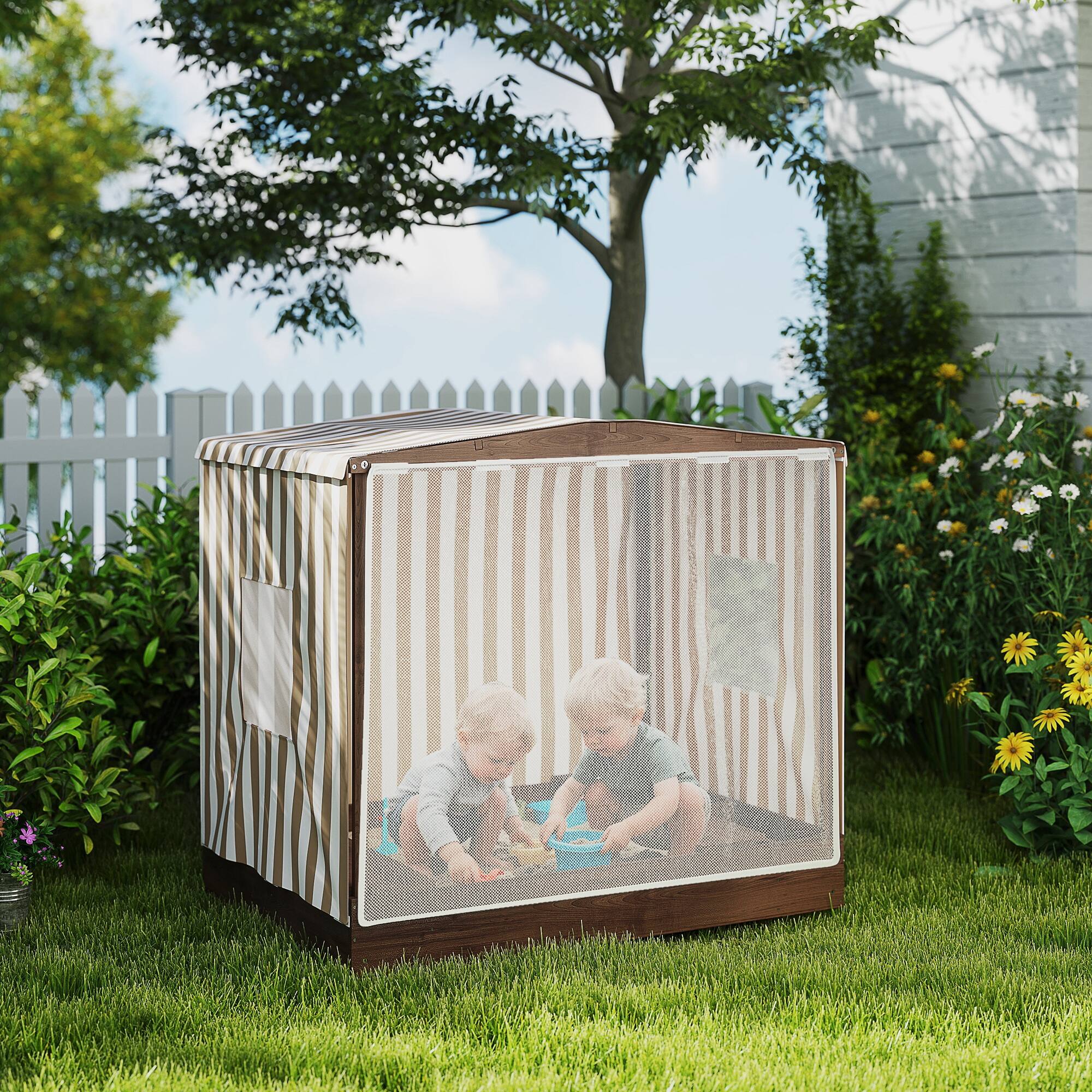 Angle. Qaba - Kids Wooden Sandbox with Canopy, Fully Covered, Sand Pit, 2 Bench Seats, Backyard, Garden, Patio, Beach, 56" x 40" x 52".