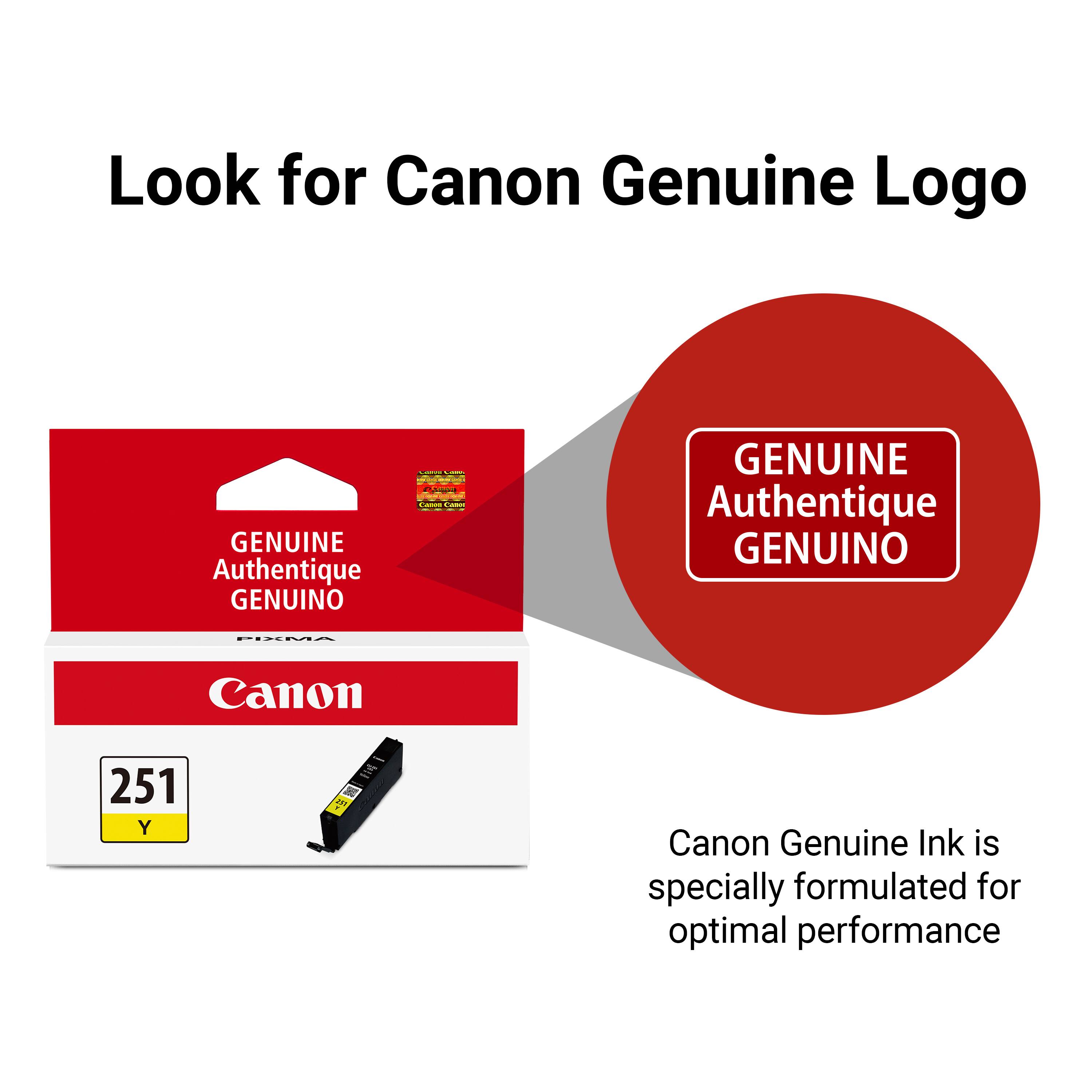 Look for Canon Genuine Logo

GENUINE Authentique GENUINO

- PASSA Carbon Camera

GENUINE Authentique GENUINO

PIXMA

Canon

251 Y

FIN DE 255

Canon Genuine Ink is specially formulated for optimal performance