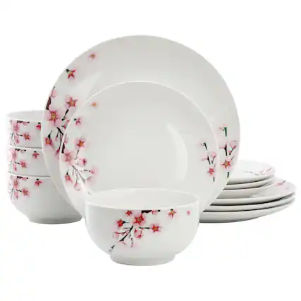 Front. Elama - Elama Tamara 12 Piece Cherry Blossom Porcelain Dinnerware Set, Service for 4 in White and Pink - White and Pink.