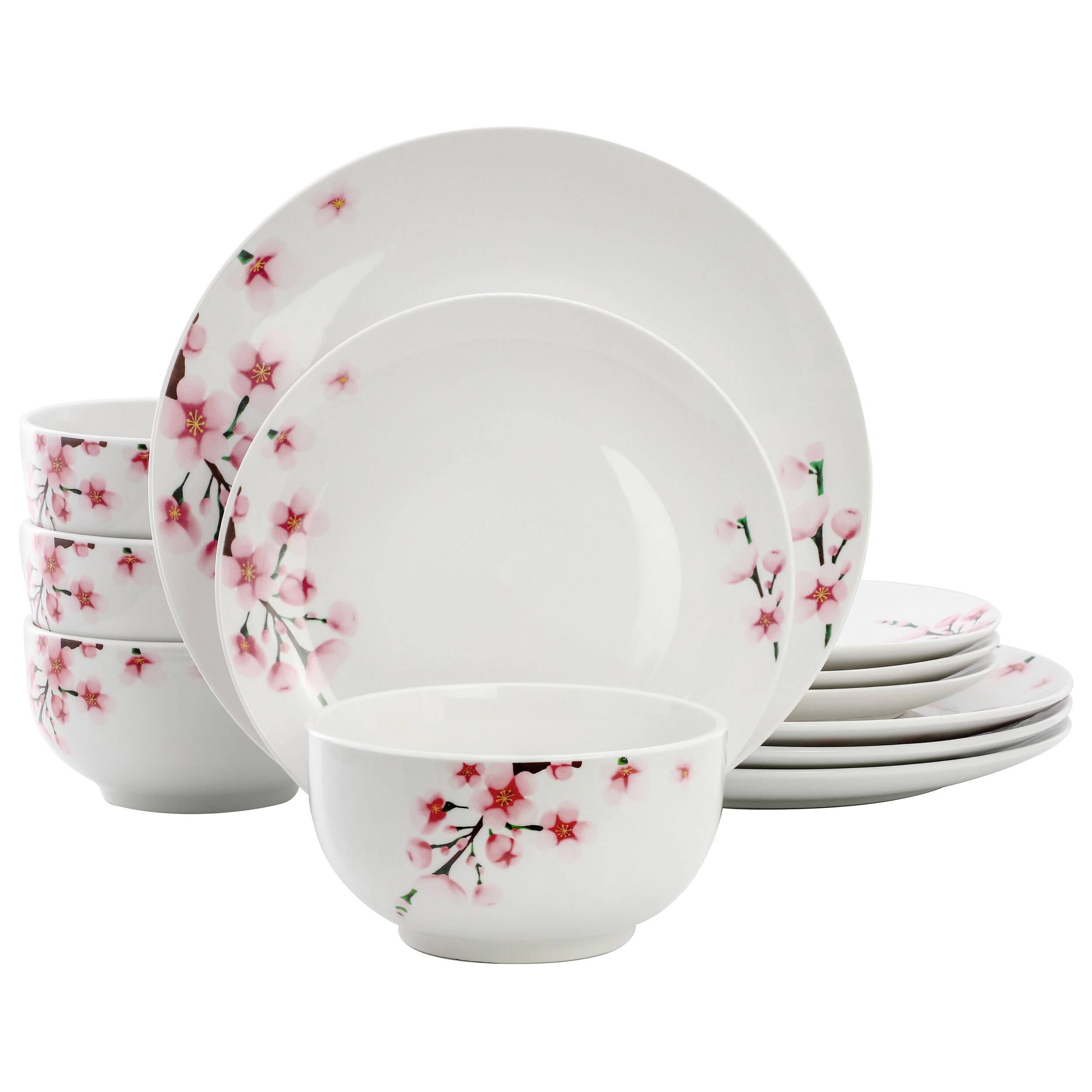 Front. Elama - Elama Tamara 12 Piece Cherry Blossom Porcelain Dinnerware Set, Service for 4 in White and Pink - White and Pink.