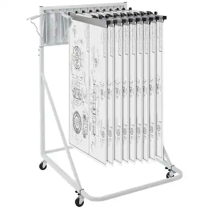 Front. VEVOR - Mobile Blueprint Storage Rack, Plan Holder with 12 Pivot Brackets, Mobile Blueprint Holder Adjustable Height & Length - White.