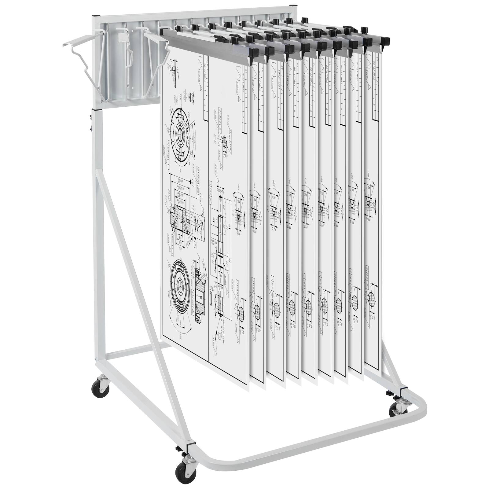 Front. VEVOR - Mobile Blueprint Storage Rack, Plan Holder with 12 Pivot Brackets, Mobile Blueprint Holder Adjustable Height & Length - White.
