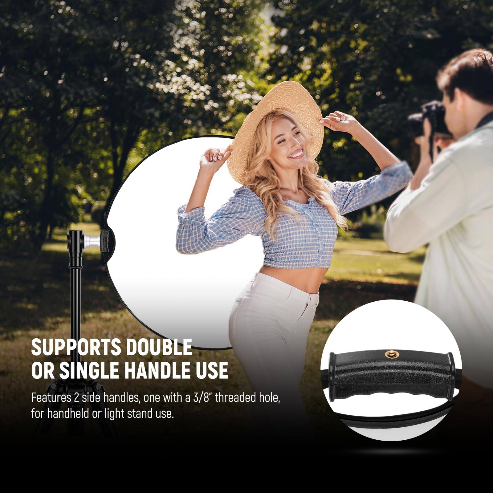 SUPPORTS DOUBLE OR SINGLE HANDLE USE

Features 2 side handles, one with a 3/8" threaded hole, for handheld or light stand use.