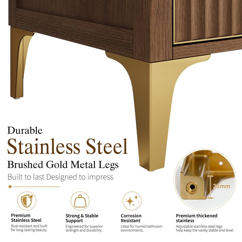 Durable Stainless Steel Brushed Gold Metal Legs Built to last Designed to impress

25mm Premium Stainless Steel Rust-resistant and built for long-lasting beauty.

Strong & Stable Support Engineered for superior strength and durability.

Corrosion Resistant Ideal for humid bathroom environments.

Premium thickened stainless Adjustable stainless steel legs help keep the vanity stable and level.