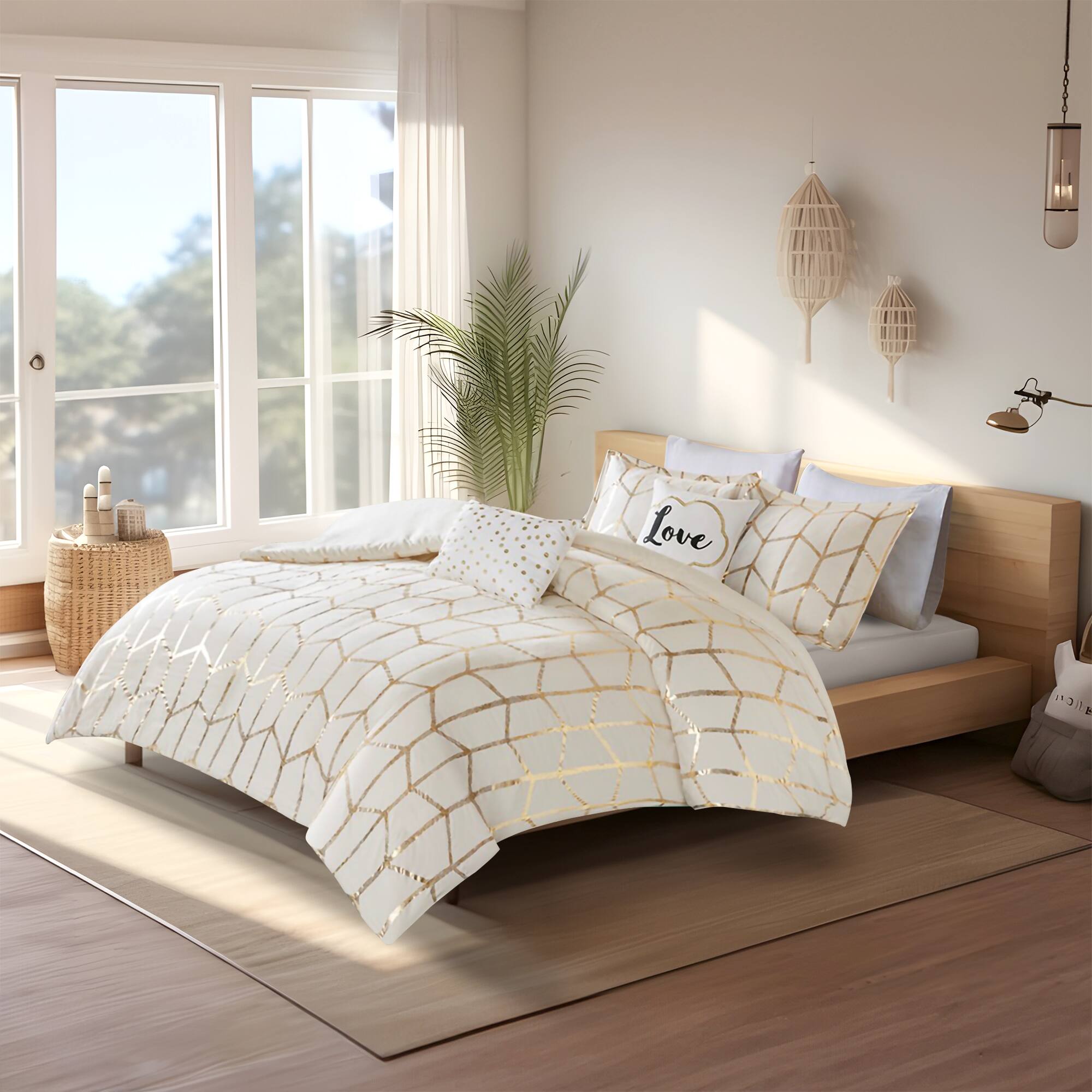 Alt View 1. Gracie Mills - Gracie Mills Isabelle Metallic Geometric Duvet Cover Set - Ivory/Gold.
