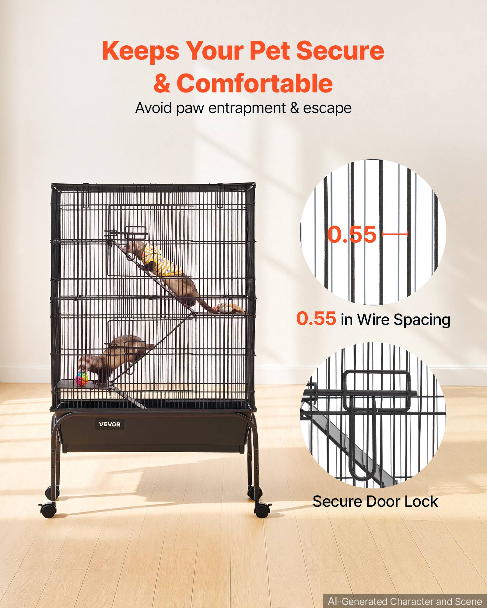 Keeps Your Pet Secure & Comfortable  
Avoid paw entrapment & escape  

0.55  
0.55 in Wire Spacing  

VEVOR  

Secure Door Lock  

AI-Generated Character and Scene