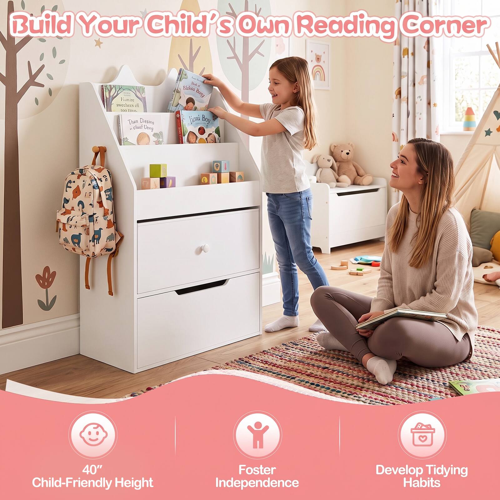 Build Your Child's Own Reading Corner

Finnine sweches of 000 Tome. Than Diesing clust Uerig

Blakta  Berry Jiani Boy

40" Child-Friendly Height

Foster Independence

Develop Tidying Habits