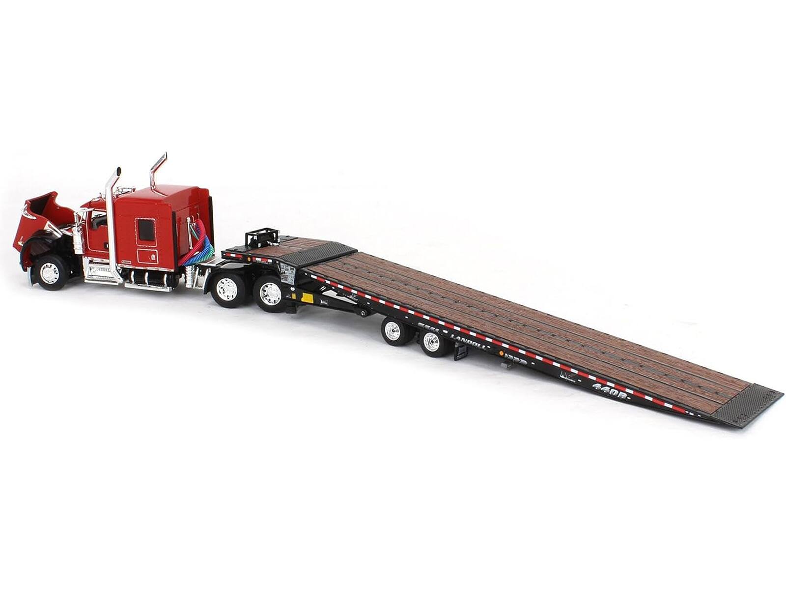 Left. First Gear - Kenworth W900L with 72 AeroCab Sleeper and Landoll 440B50CA Traveling Axle Trailer Viper Red and Black 1/64 - Red .