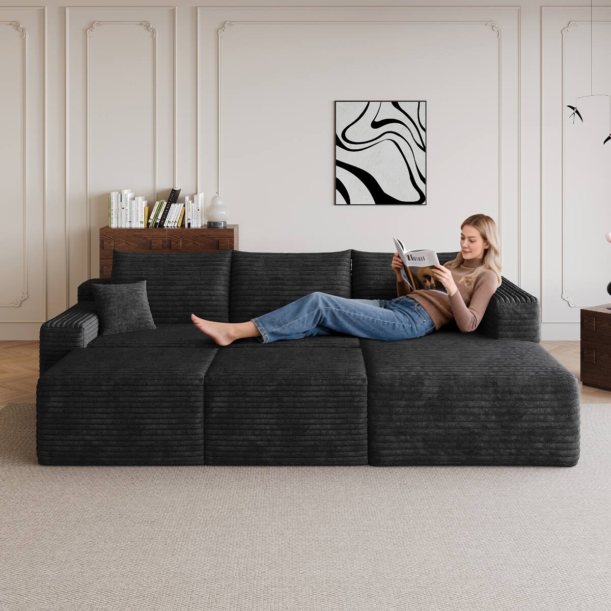 Left. Ropilly - Ropilly 95 Inch U Shaped Sectional Sofa Black Corduroy Upholstered Couch with 2 Ottomans No Assembly - Black.